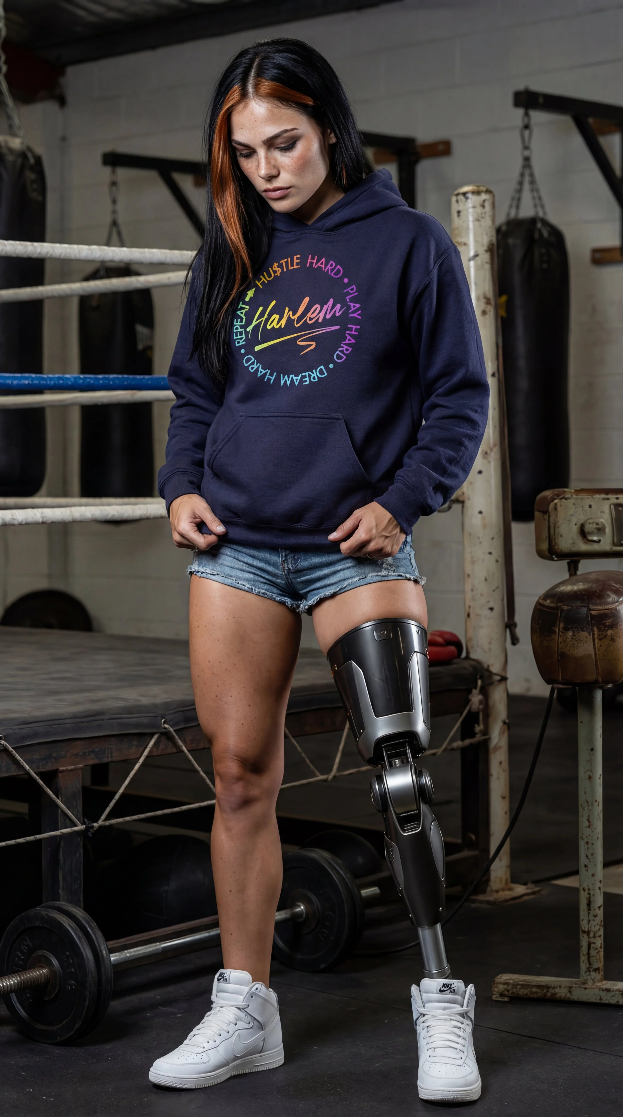 Athletic streetwear still of Faye — Harlem Homage AI fashion content
