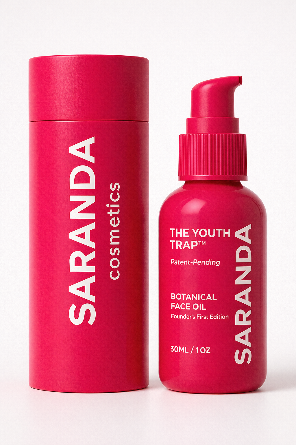Two pink cosmetic bottles from the brand Sandra Cosmetics, one larger cylindrical bottle and one smaller pump bottle labeled 'The Youth Trap' Botanical Face Oil, founder's first edition.