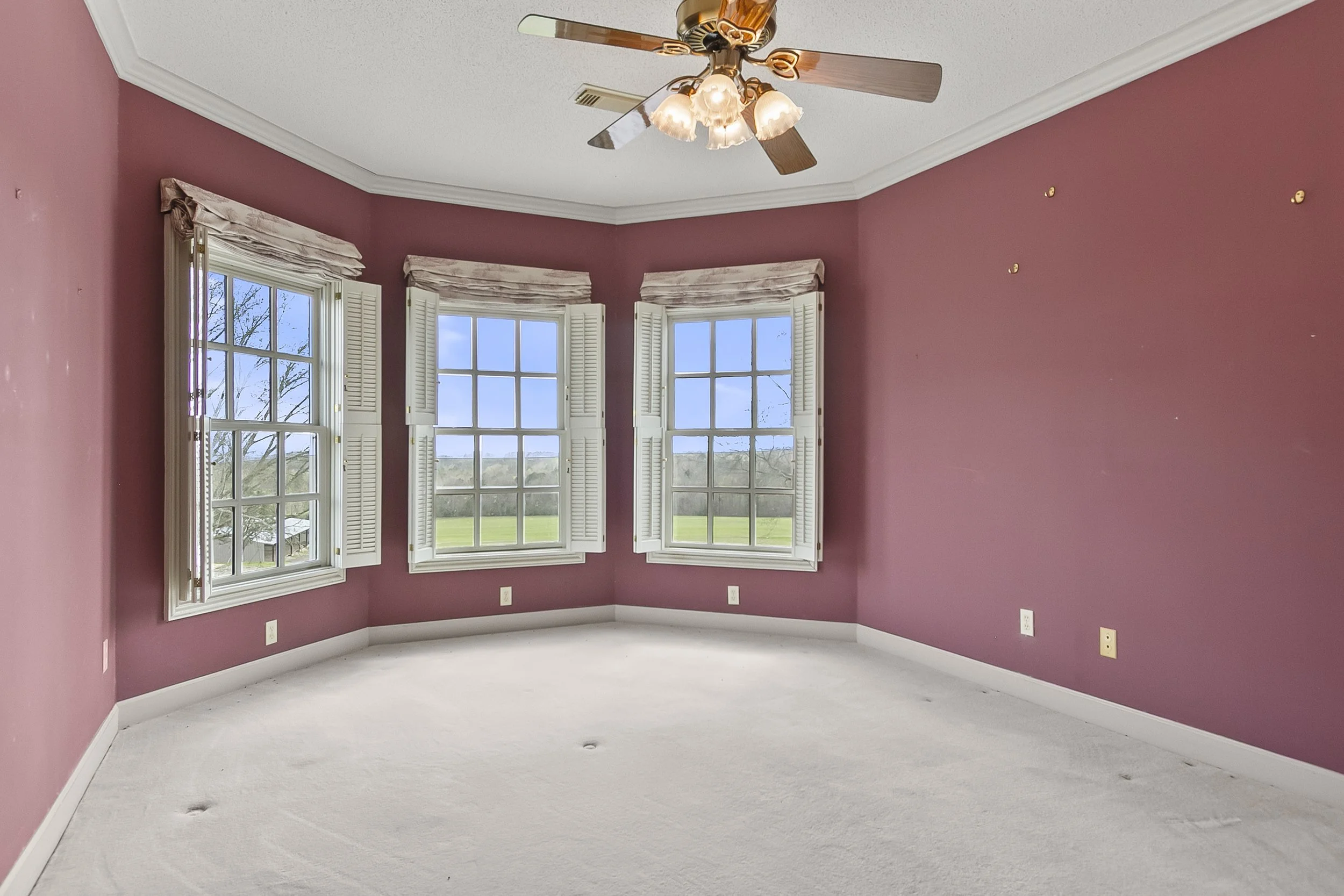 Empty room with pink walls, white carpet, and three large windows with open shutters, looking out onto a grassy landscape under a blue sky, with a ceiling fan with lights.