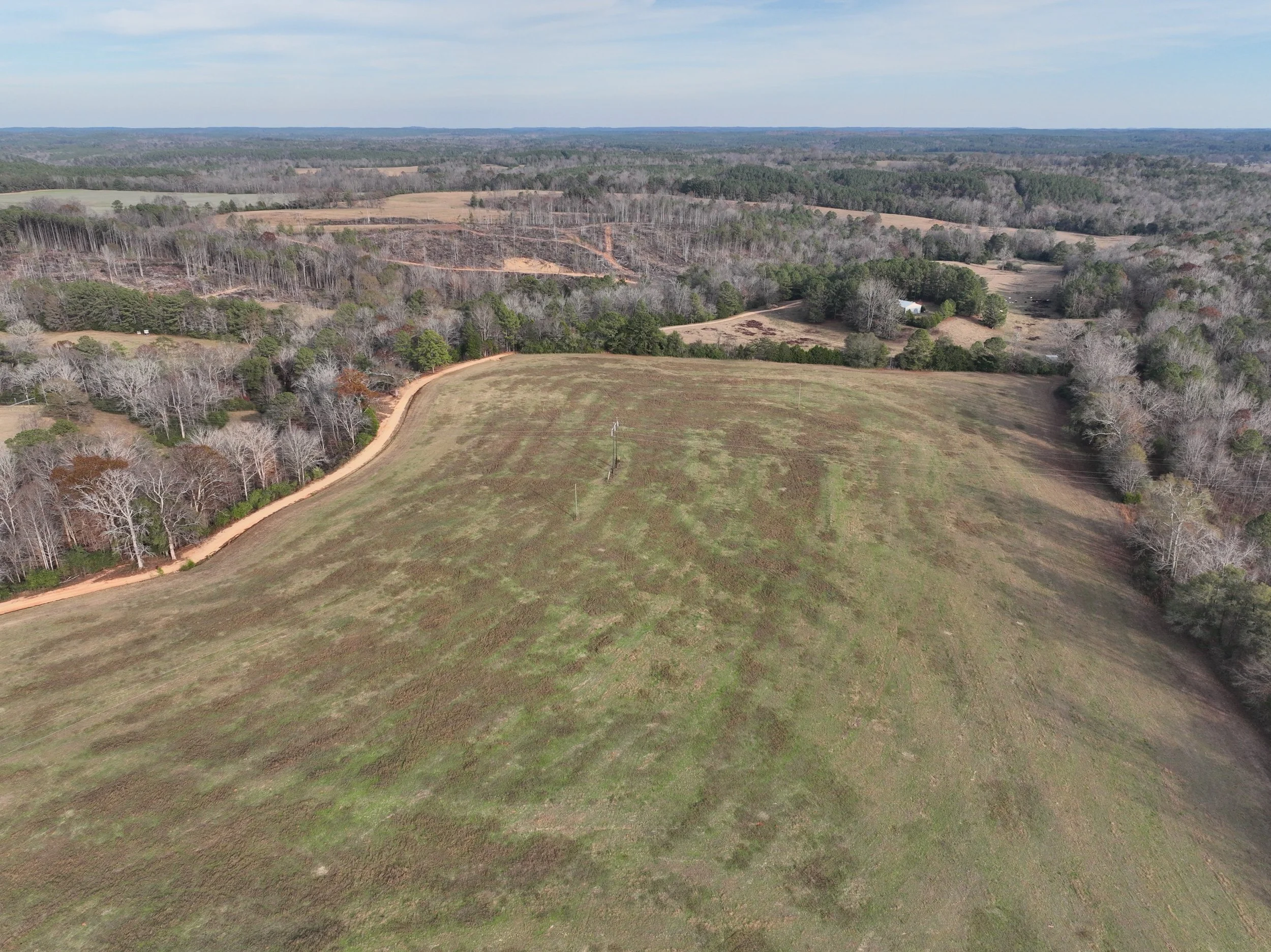 Aerial view of a large, open grassy field with a dirt path along a tree-lined edge, and a wooded area in the background under a partly cloudy sky.