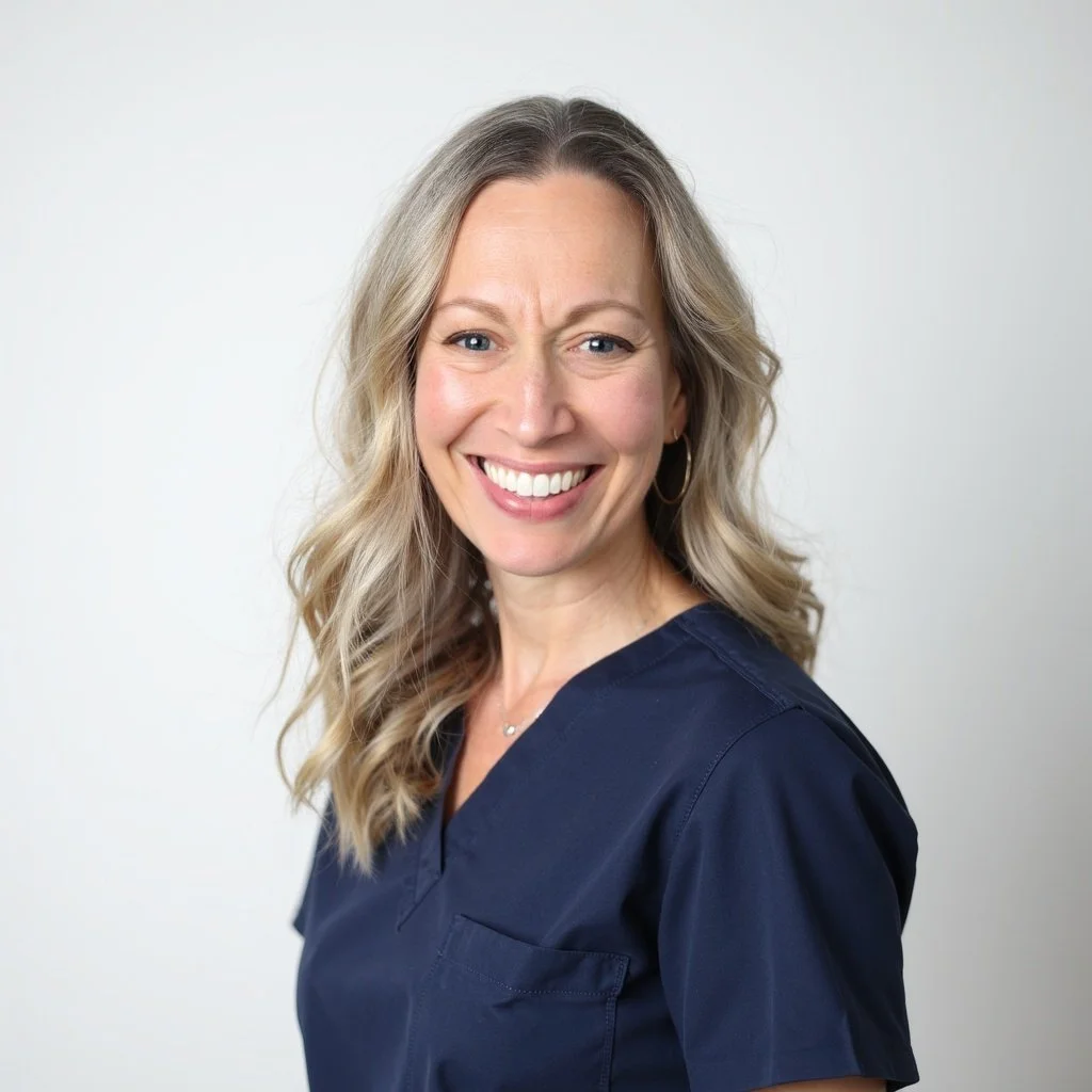 A woman with blonde wavy hair smiling, wearing navy scrubs and hoop earrings, against a plain white background.