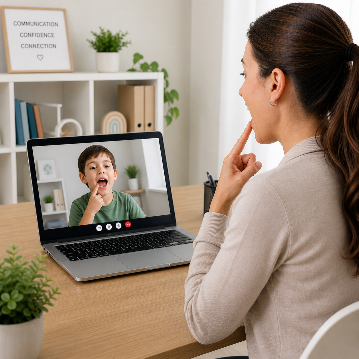 A woman has a video call on her laptop with a young boy, who is touching his cheek and speaking, in a home office with plants and books in the background.