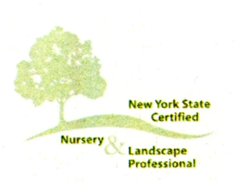 Logo with a green tree and grass, with text indicating 'New York State Certified Nursery & Landscape Professional'.