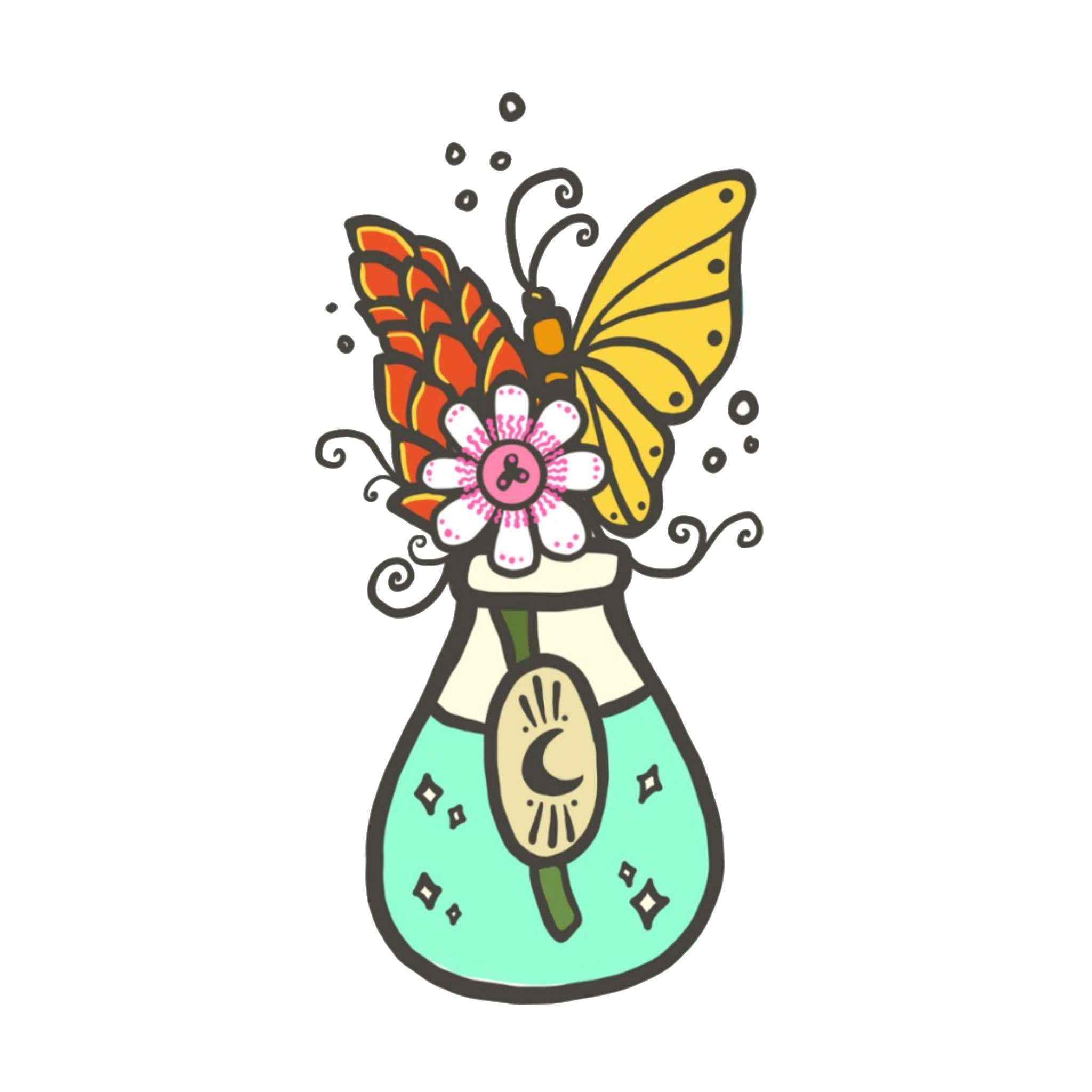 Colorful tattoo-style illustration of a glass bottle with floral and butterfly motifs.
