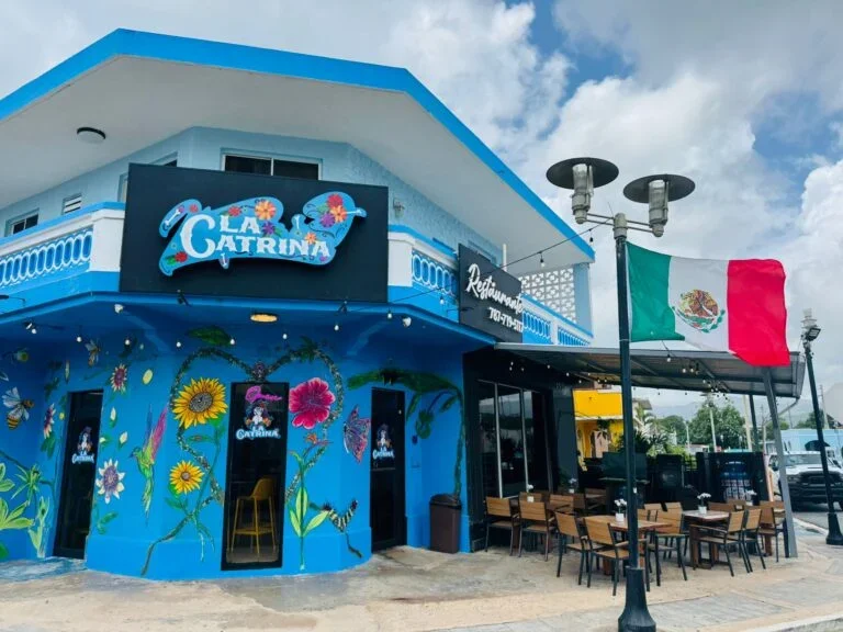 Blue two-story building with a mural of colorful flowers and insects, restaurant signage, and outdoor seating area with tables and chairs, with a Mexican flag waving nearby.