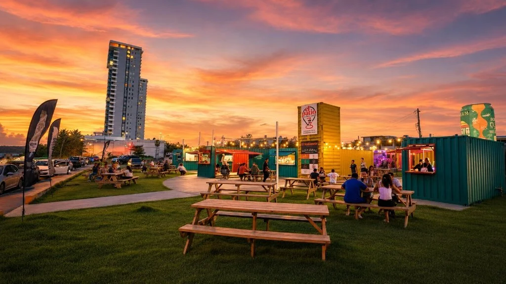 People sitting at picnic tables outside, food trucks and shipping container stalls at outdoor evening event with a vibrant sunset sky in the background.