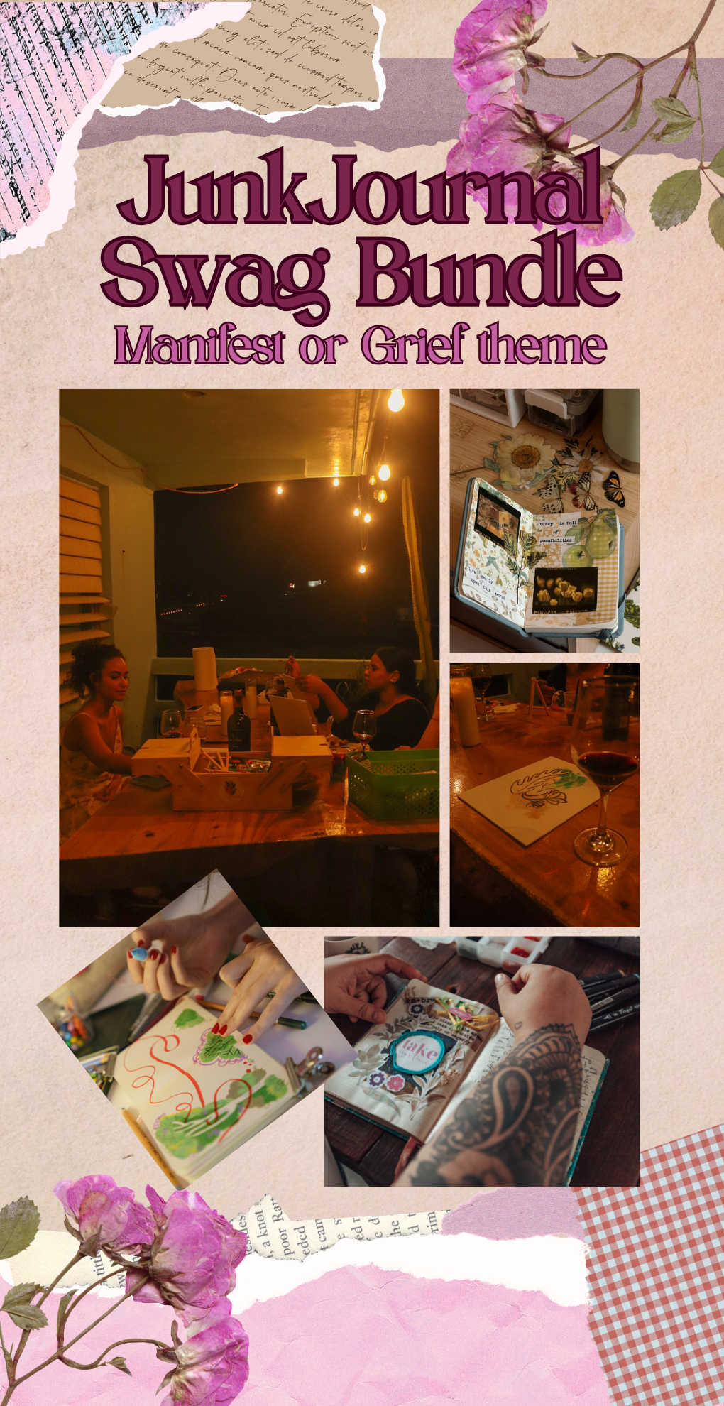 A collage of images including a dinner gathering, scrapbook pages, and artistic drawings, with decorative torn paper and floral accents in the background.