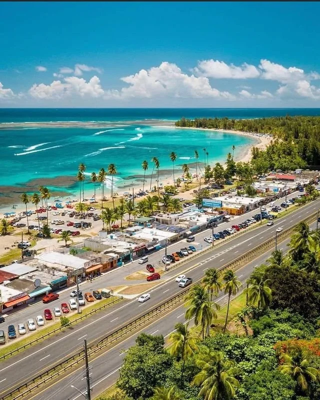 A coastal town with a beach, palm trees, and a busy street with cars and shops under a bright blue sky with white clouds.