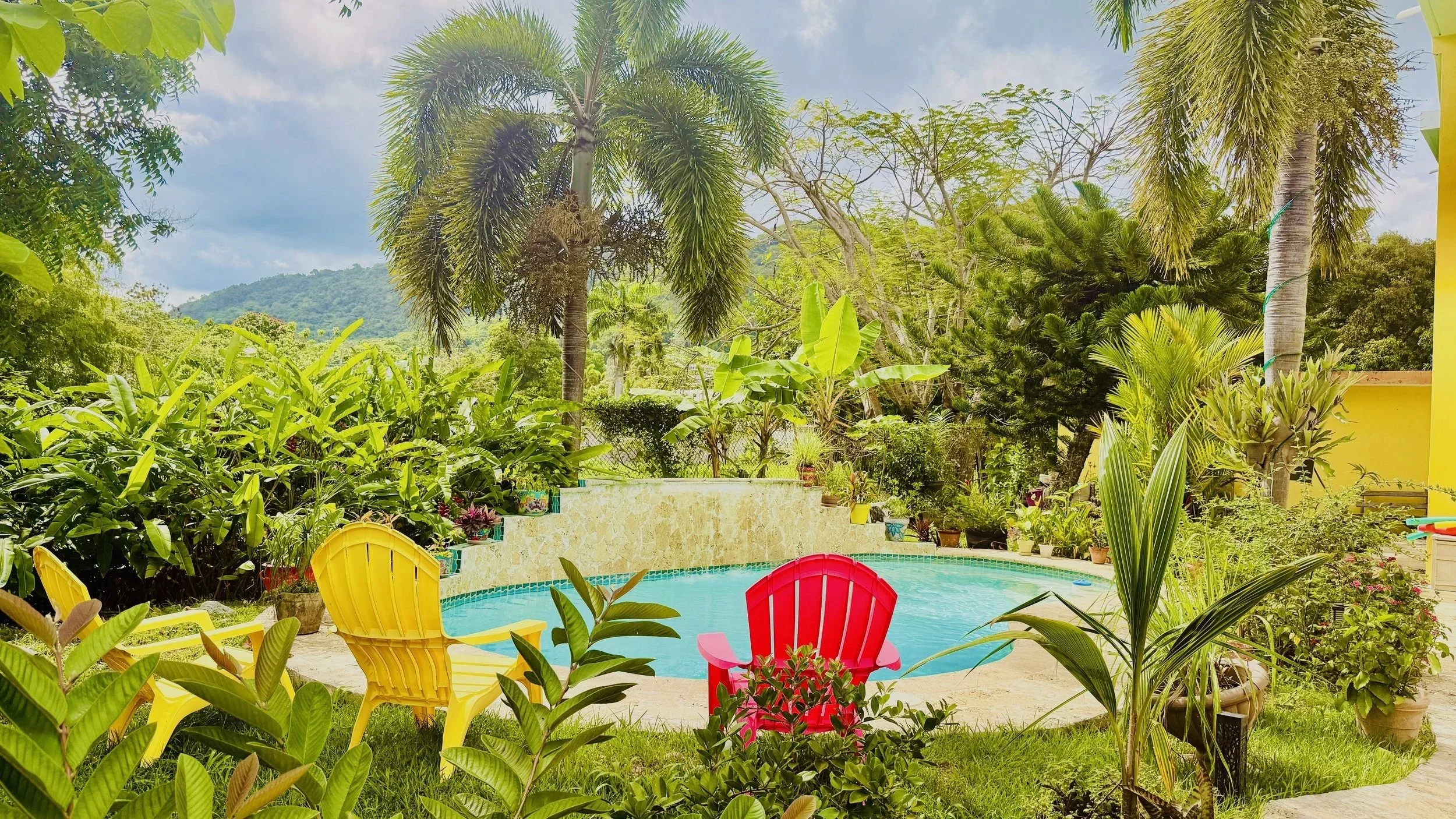 The Ceiba backyard with lush green plants and trees surrounding a swimming pool. There are colorful chairs, including yellow and red, around the pool. The background shows a hilly landscape and a partly cloudy sky.