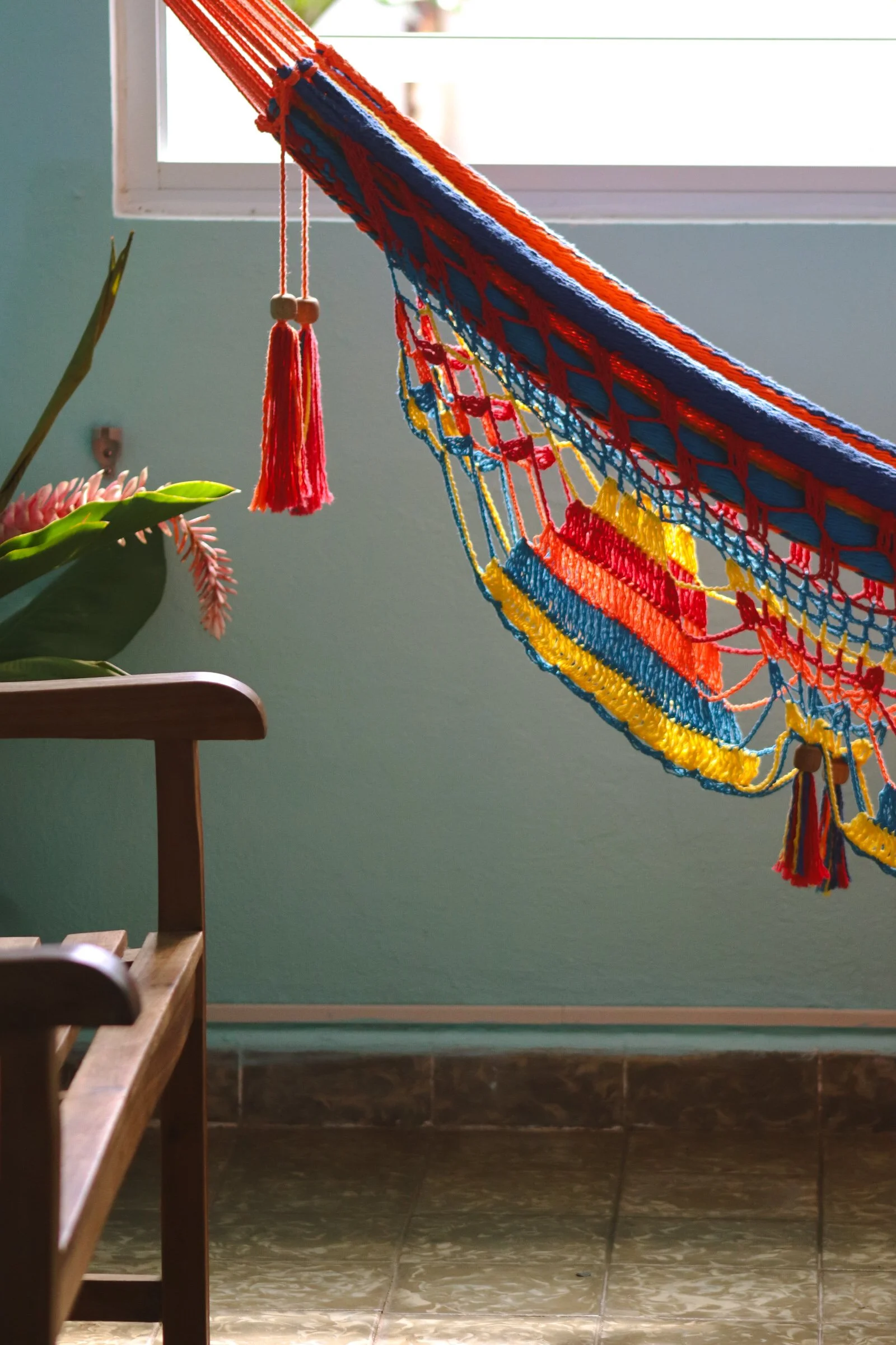 Colorful woven hammock hanging near a window, with a small plant on a chair nearby in a room with green walls and tiled floor.