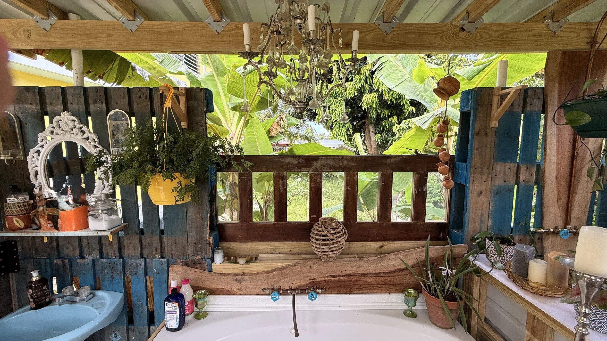 Indoor space with wooden walls and a window overlooking a lush green garden with banana leaves. Decor includes a chandelier, hanging flowerpots, a white ornate mirror, various bottles and candles, and houseplants.