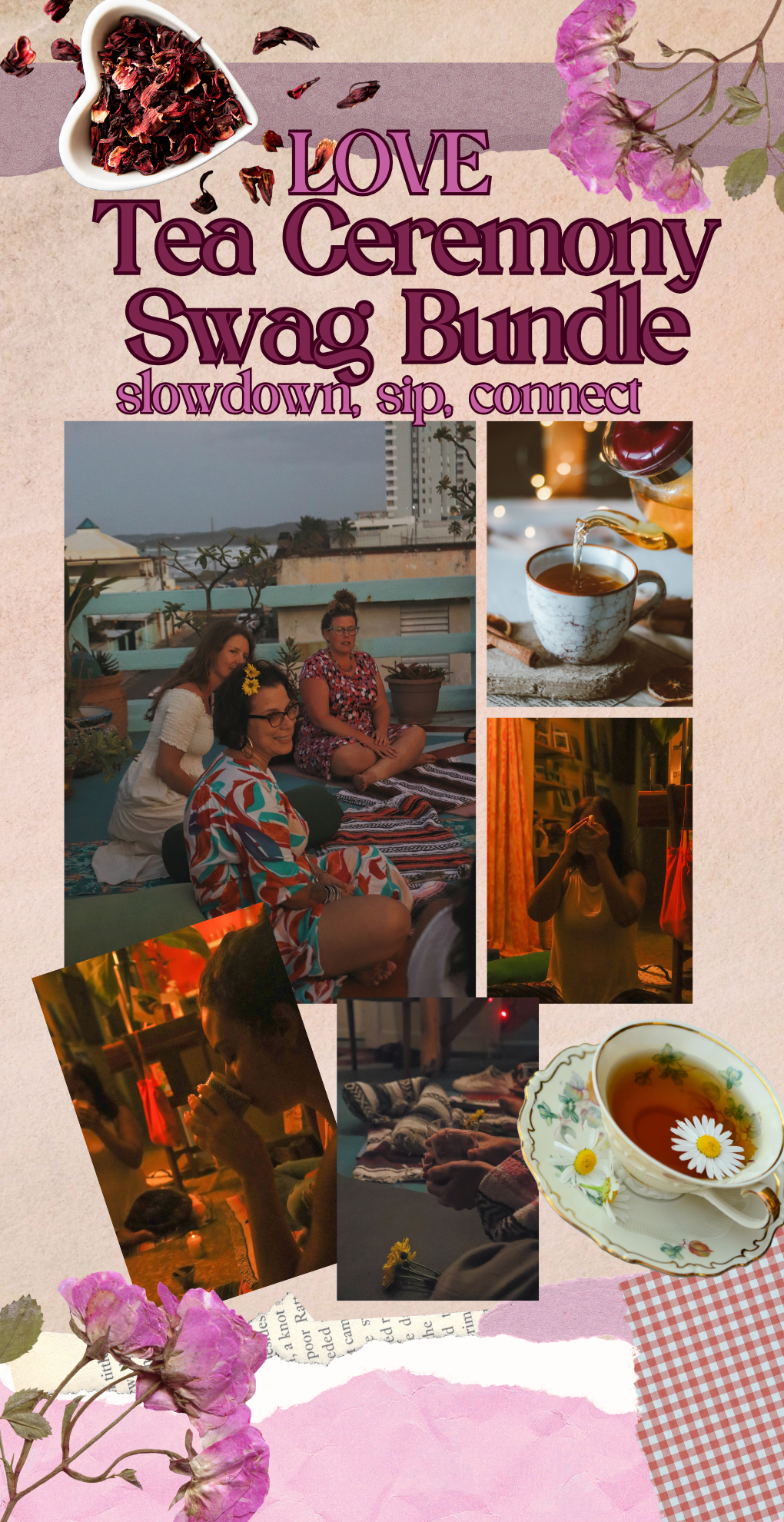 A collage of images depicting a tea ceremony gathering with women, tea cups, and tea leaves, with decorative flowers and paper elements in the background.