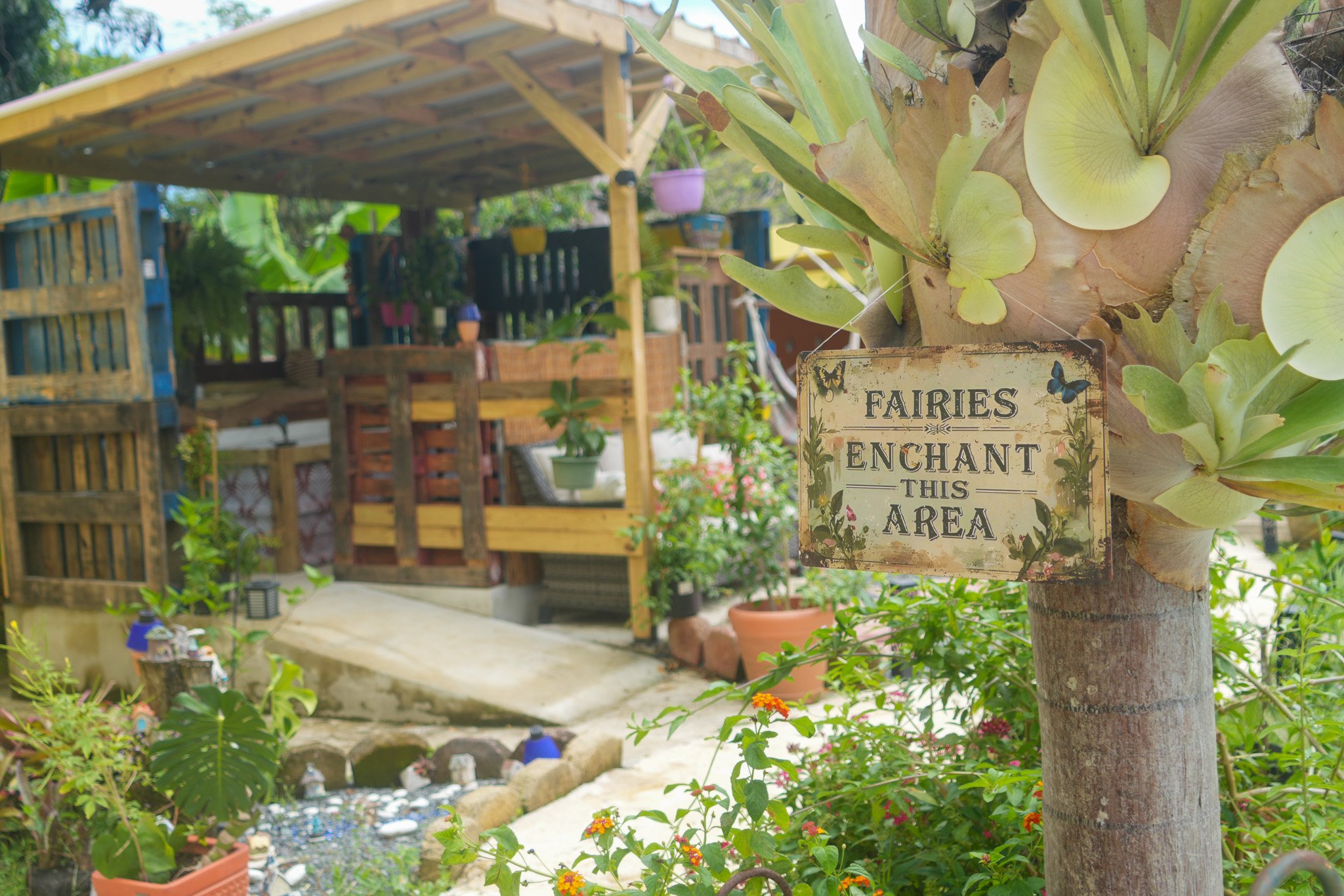 A garden scene with a sign on a tree that reads 'Fairies Enchant This Area'. The garden is lush with various plants, potted plants, and colorful flowers. In the background, there is a wooden deck structure with hanging plant pots, and some garden ornaments are visible on the ground.