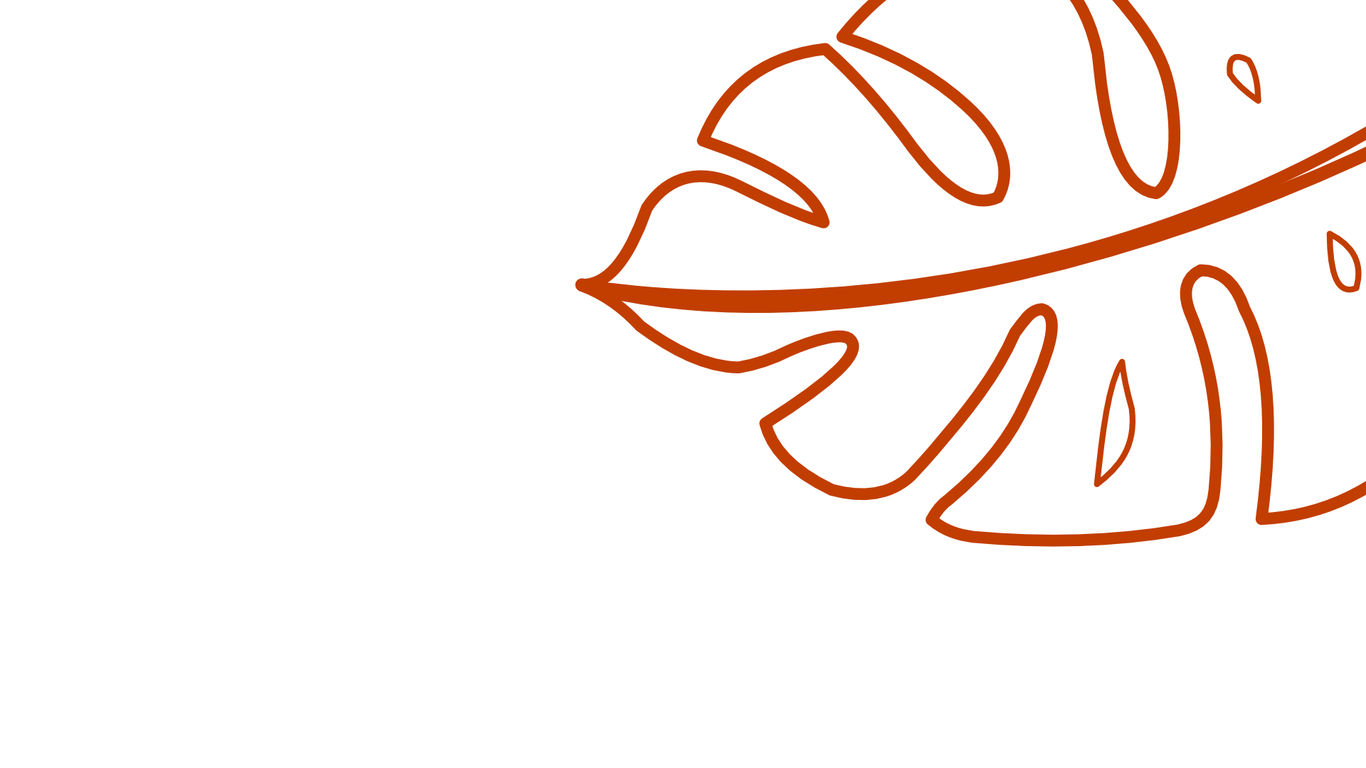 Outline of a tropical leaf in orange color with black background.