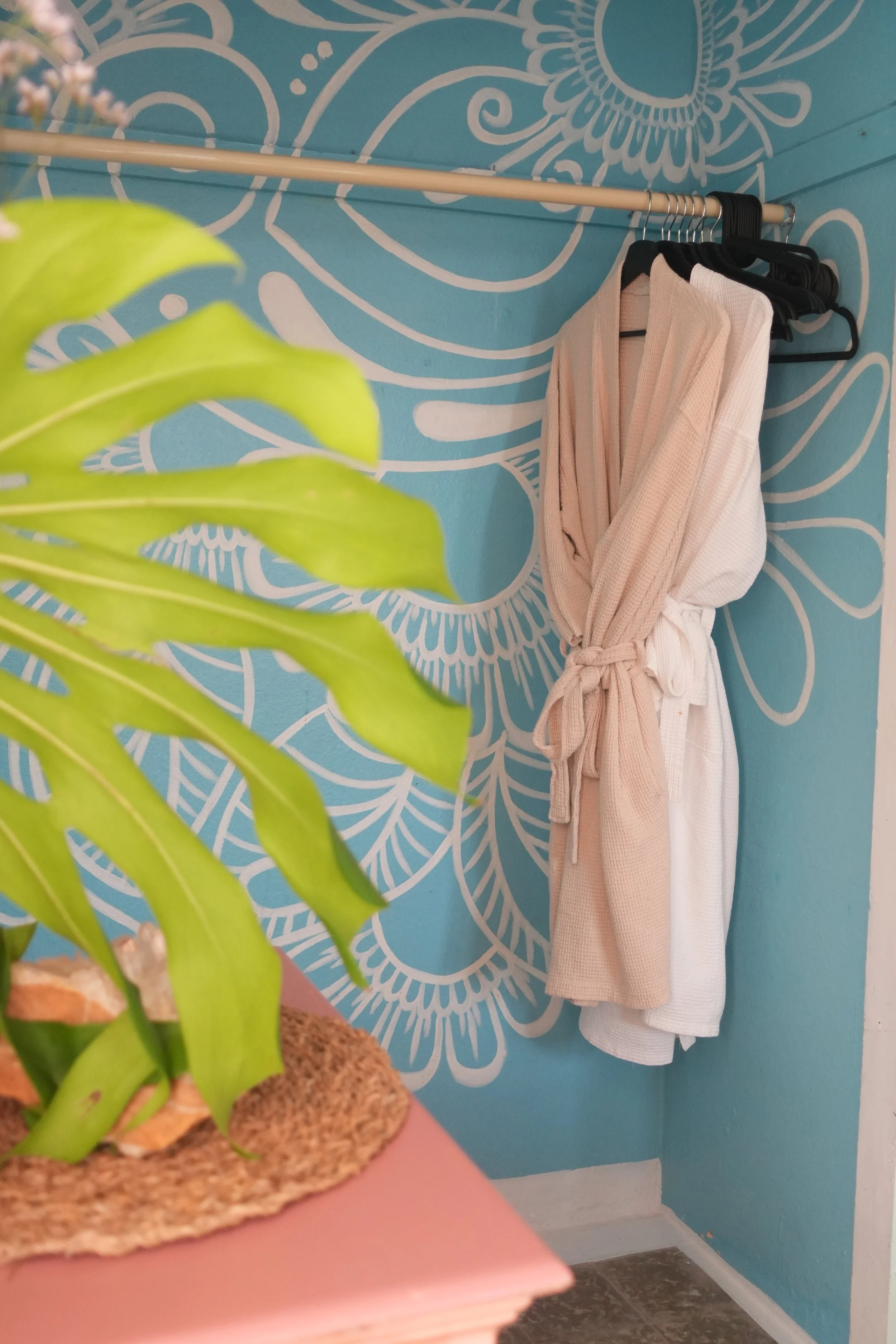 A room with a blue wall decorated with a white floral pattern, a beige bathrobe hanging on hangers on a horizontal metal rod, a green plant partially blocking the view, and a pink table in the foreground.