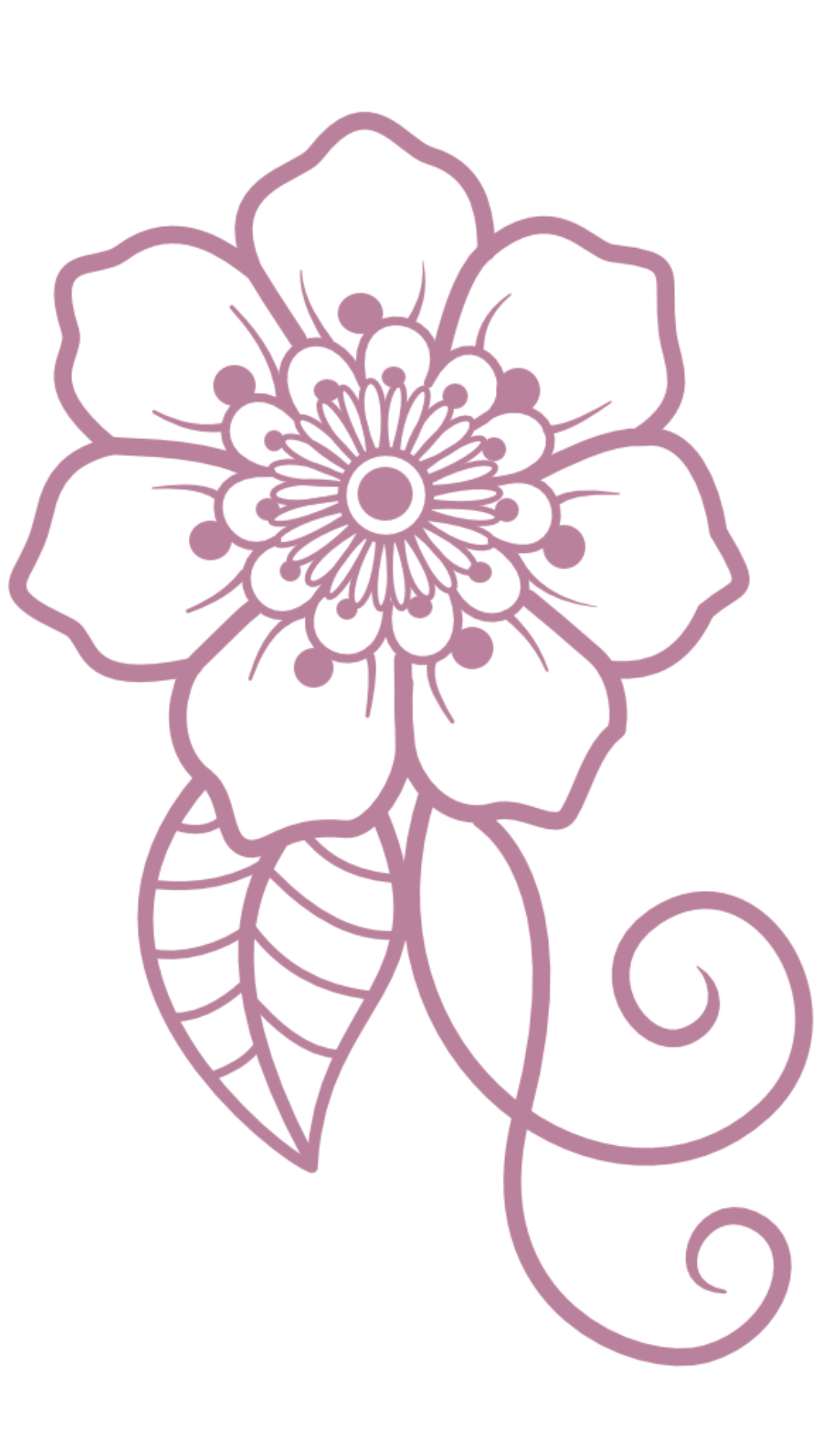 Line drawing of a flower with seven petals, a centered circular design with radiating lines, a leaf below the flower, and a curled stem.