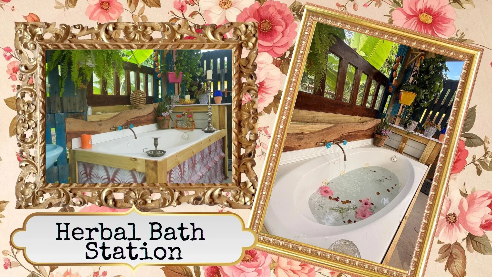 Two ornate gold-framed mirrors reflect a bubbling herb-infused bath surrounded by potted plants and candleholders on a wooden deck, with floral wallpaper in the background.