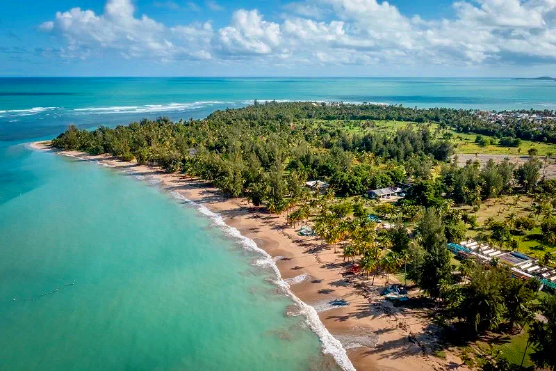 Aerial view of the BalnearioMonserrate beach with turquoise water and palm trees, small buildings among the trees, and green fields inland under a partly cloudy sky.