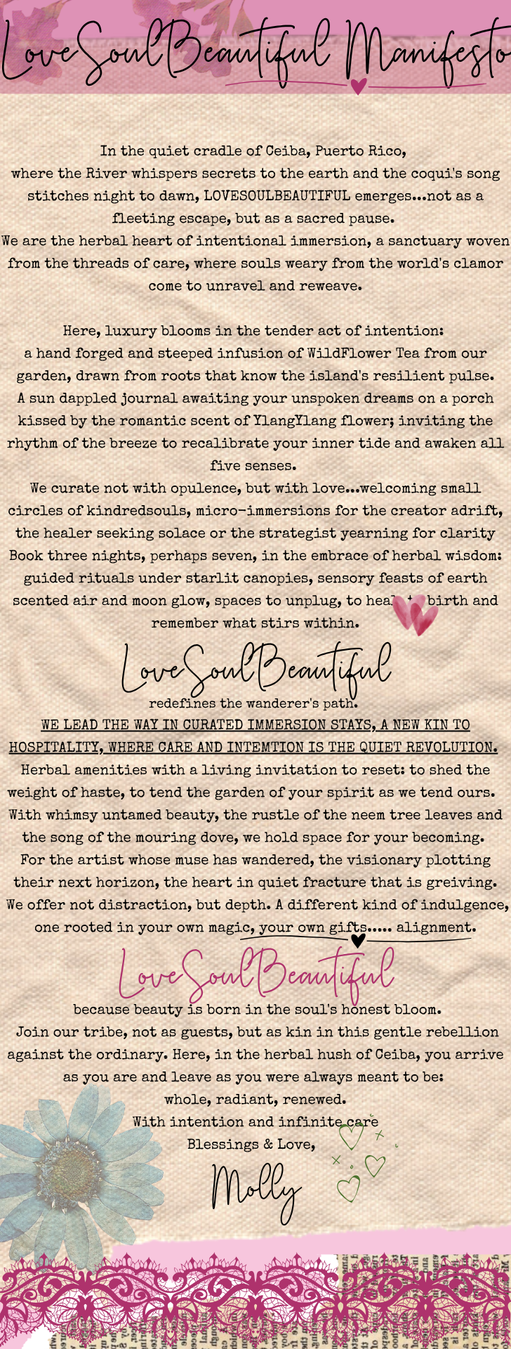 A poetic, spiritual affirmation text titled 'Love Soul Beautiful Manifesto' on a pink and beige textured background, with a large blue flower, pink hearts, and decorative pink lace border at the bottom.