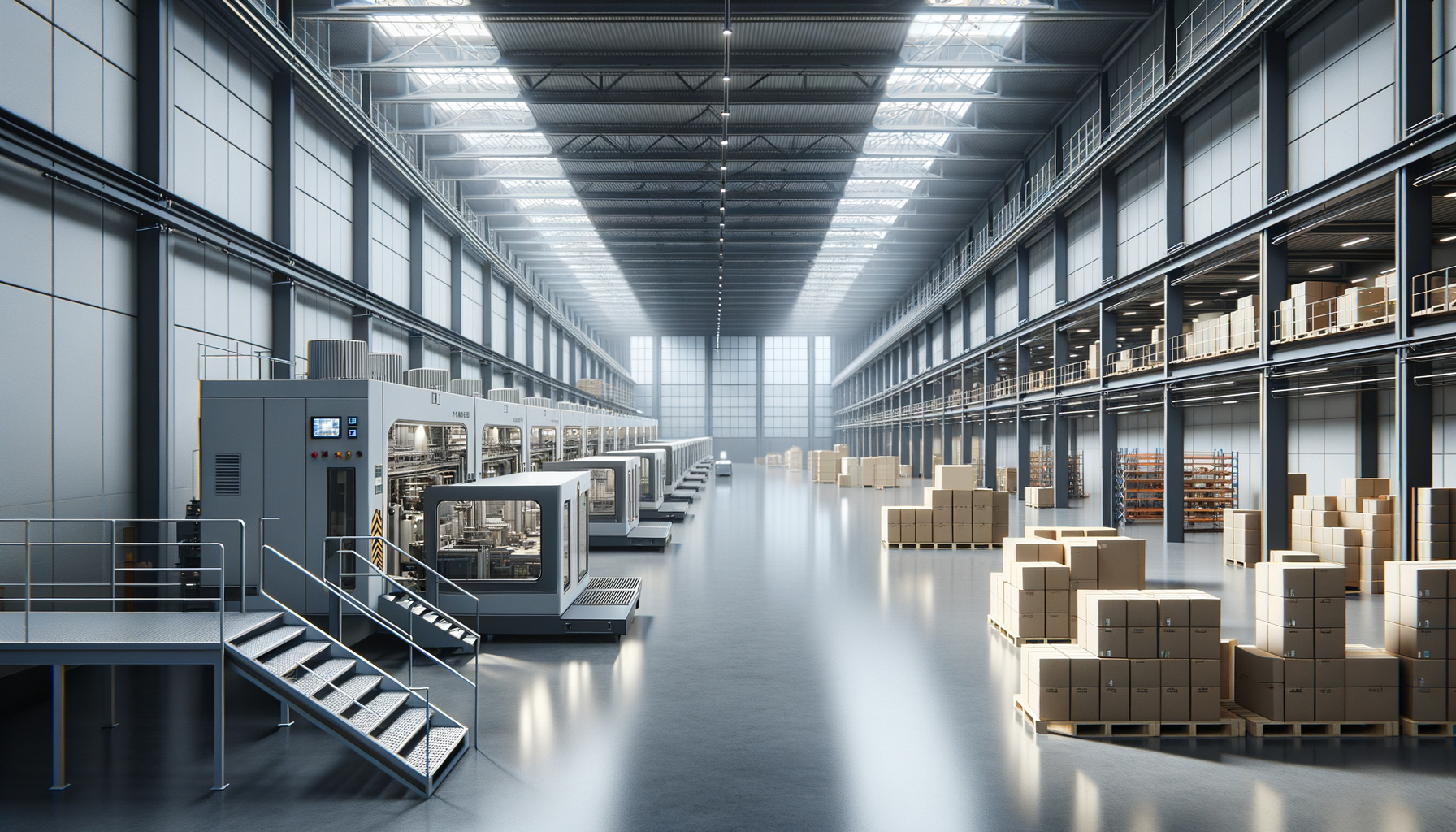 Large warehouse with high ceiling, rows of industrial machines on the left, and shelves with boxes on the right, with pallets of boxes on the floor.