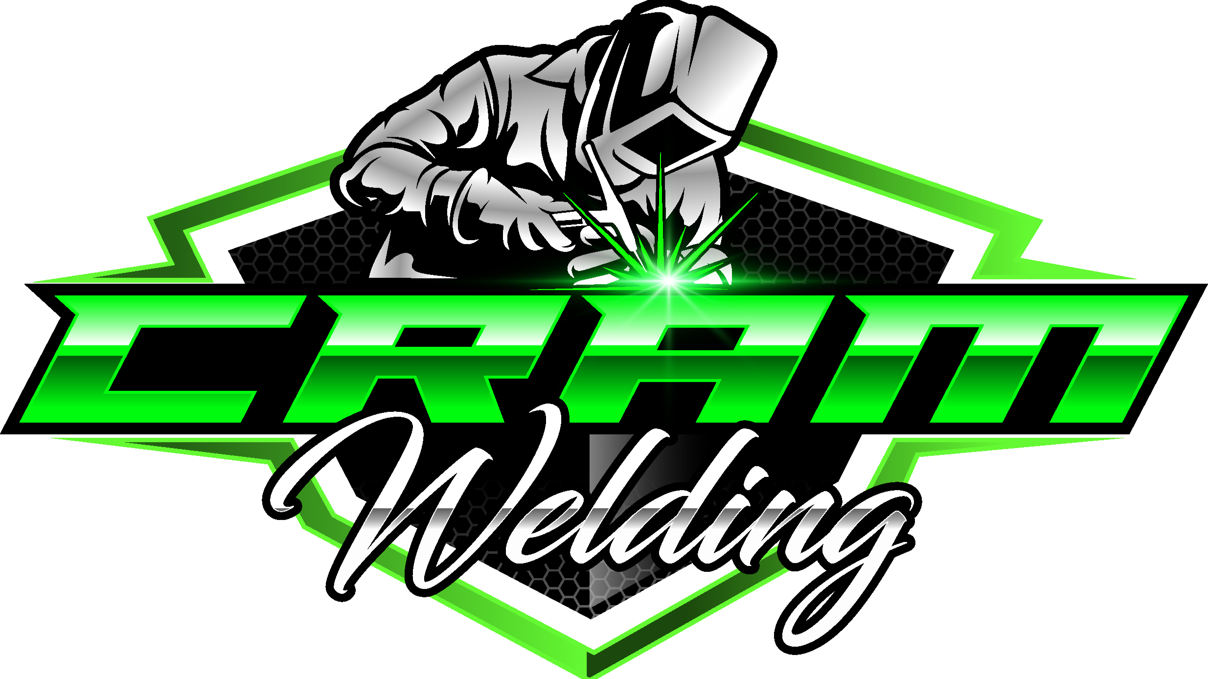 Graphic design logo featuring a welder in a suit and helmet, welding with sparks. The text reads 'GROO Welding' in bold green letters with a black and green geometric background.