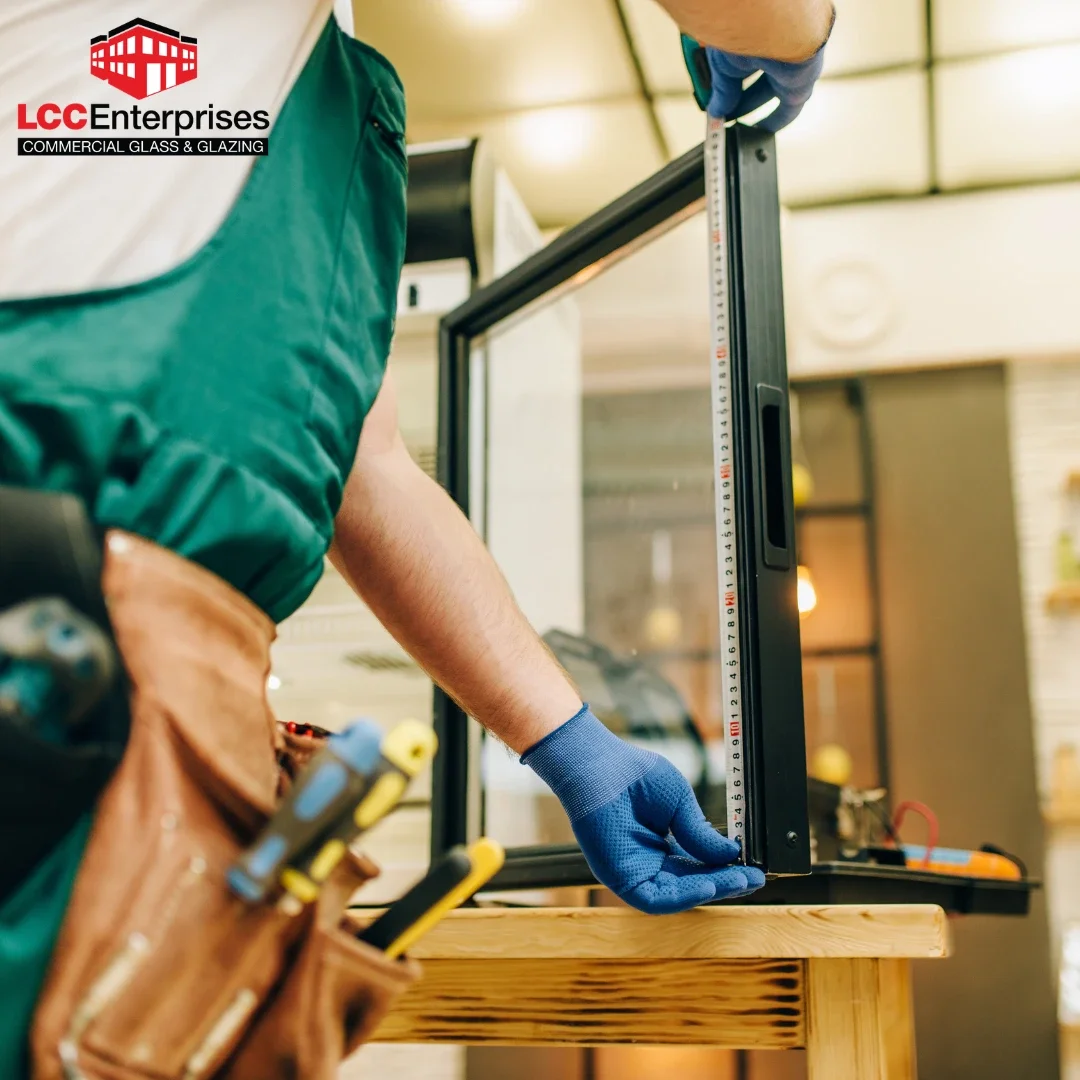 A glazing contractor in a green shirt and tool belt measuring the height of a dark aluminum storefront frame with a steel tape measure during a commercial glazing installation in the Shenandoah Valley, Virginia