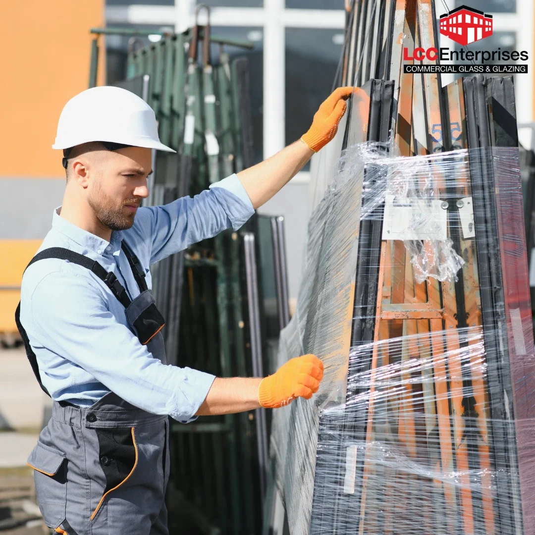 A glazing worker in a white hard hat and orange gloves handling large commercial glass panels wrapped in protective film on an outdoor storage rack at a Harrisonburg, Virginia commercial glazing job site