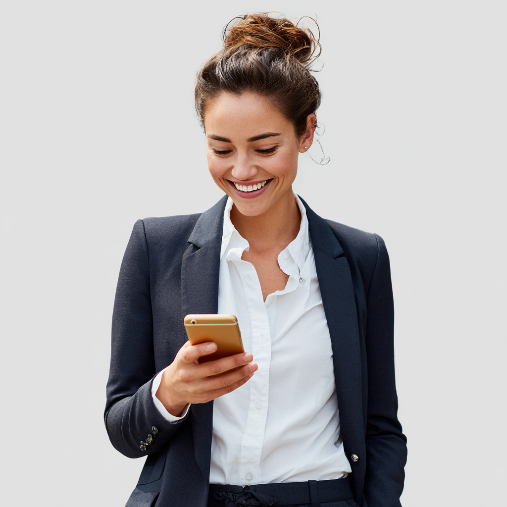 Businesswoman in a navy blazer and white shirt smiling while looking at her smartphone.
