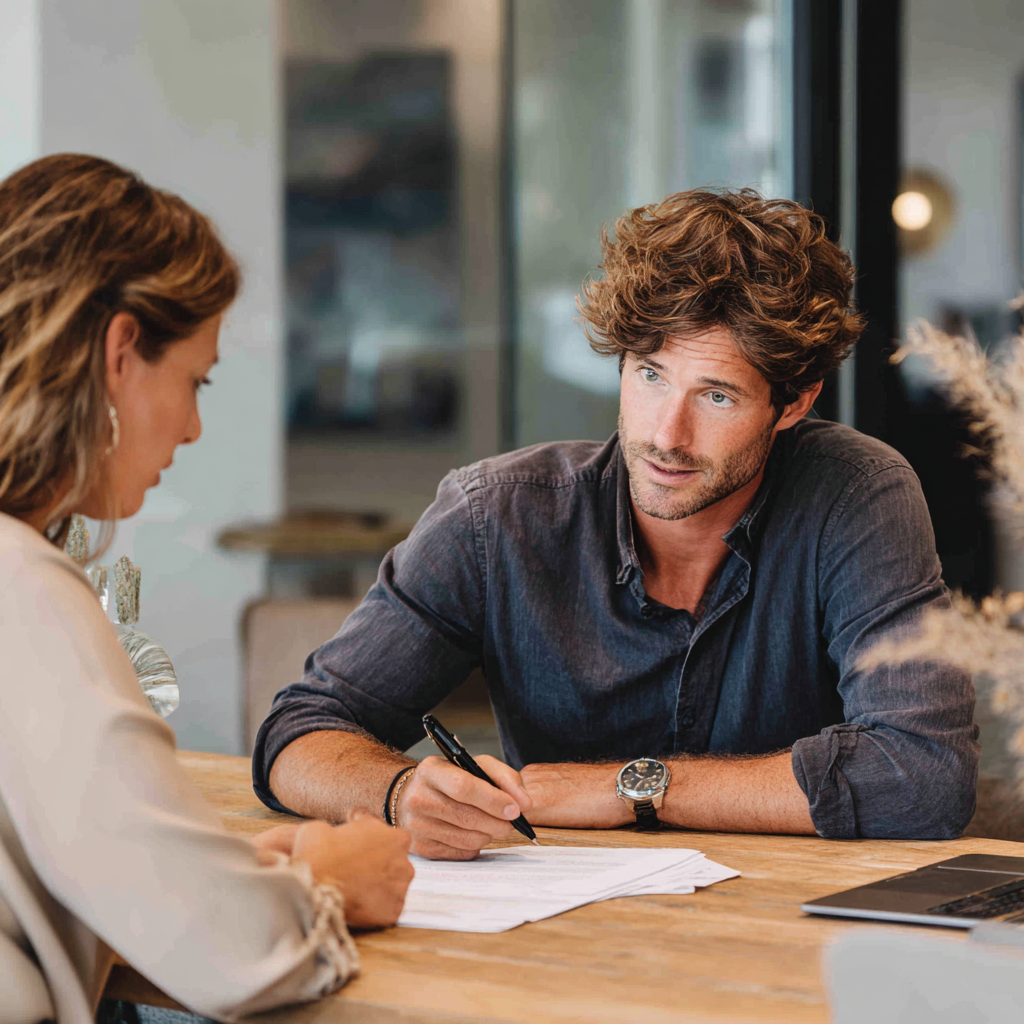 A man is sitting at a wooden table with a woman, reviewing documents, with a pen in his right hand, engaged in a discussion, in a modern office setting.