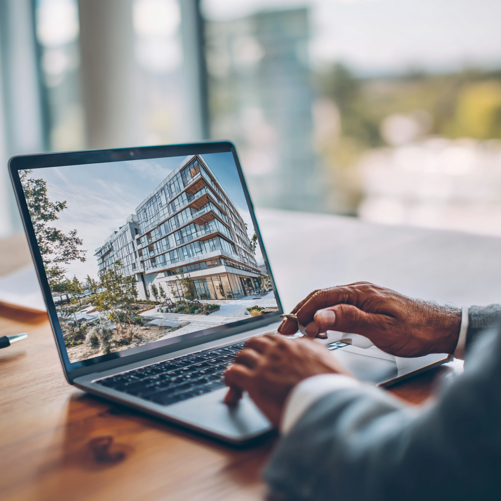 Person viewing a modern apartment building on a laptop in an office or home setting.