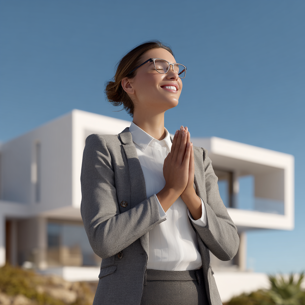 A woman in a business suit smiling with hands in prayer position outside modern building.