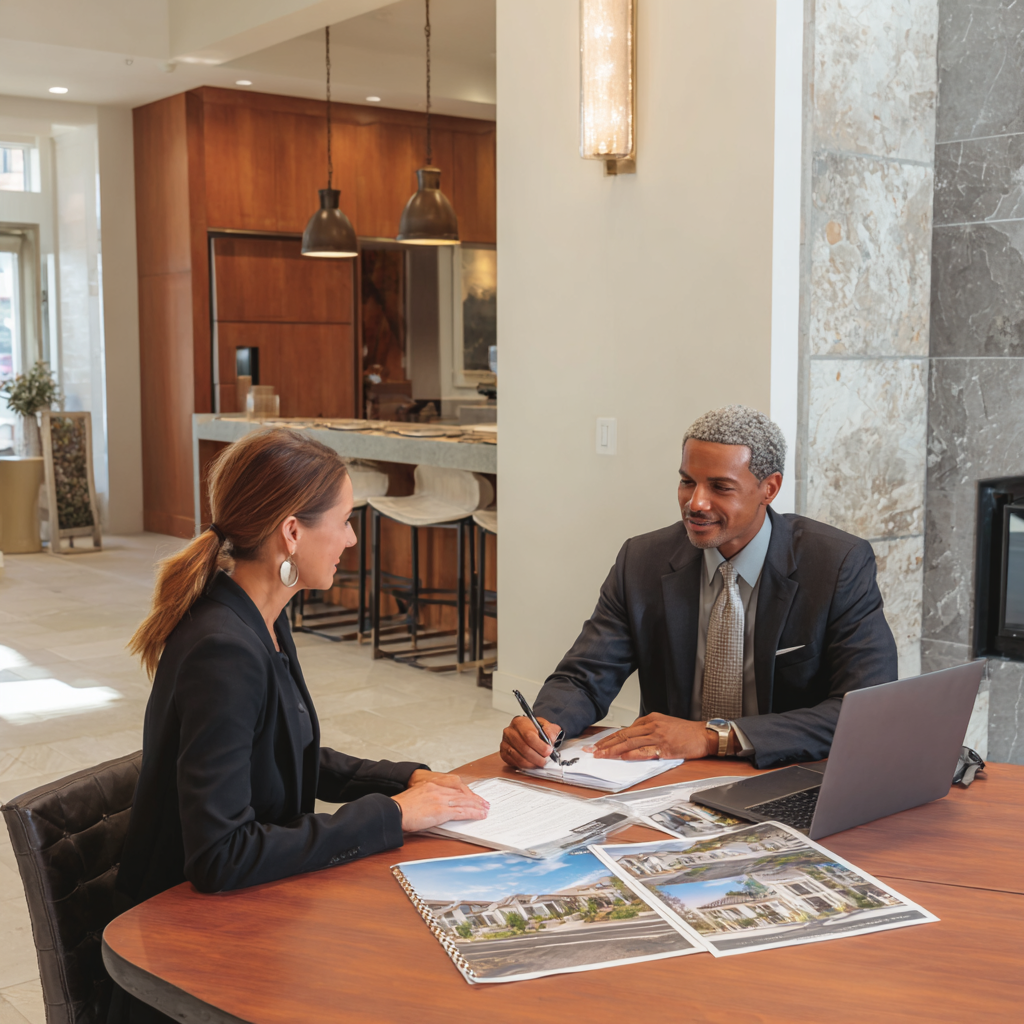 A man and a woman are sitting at a table in a modern interior, discussing real estate plans. They have documents, brochures of houses, a laptop, and a notepad on the table.