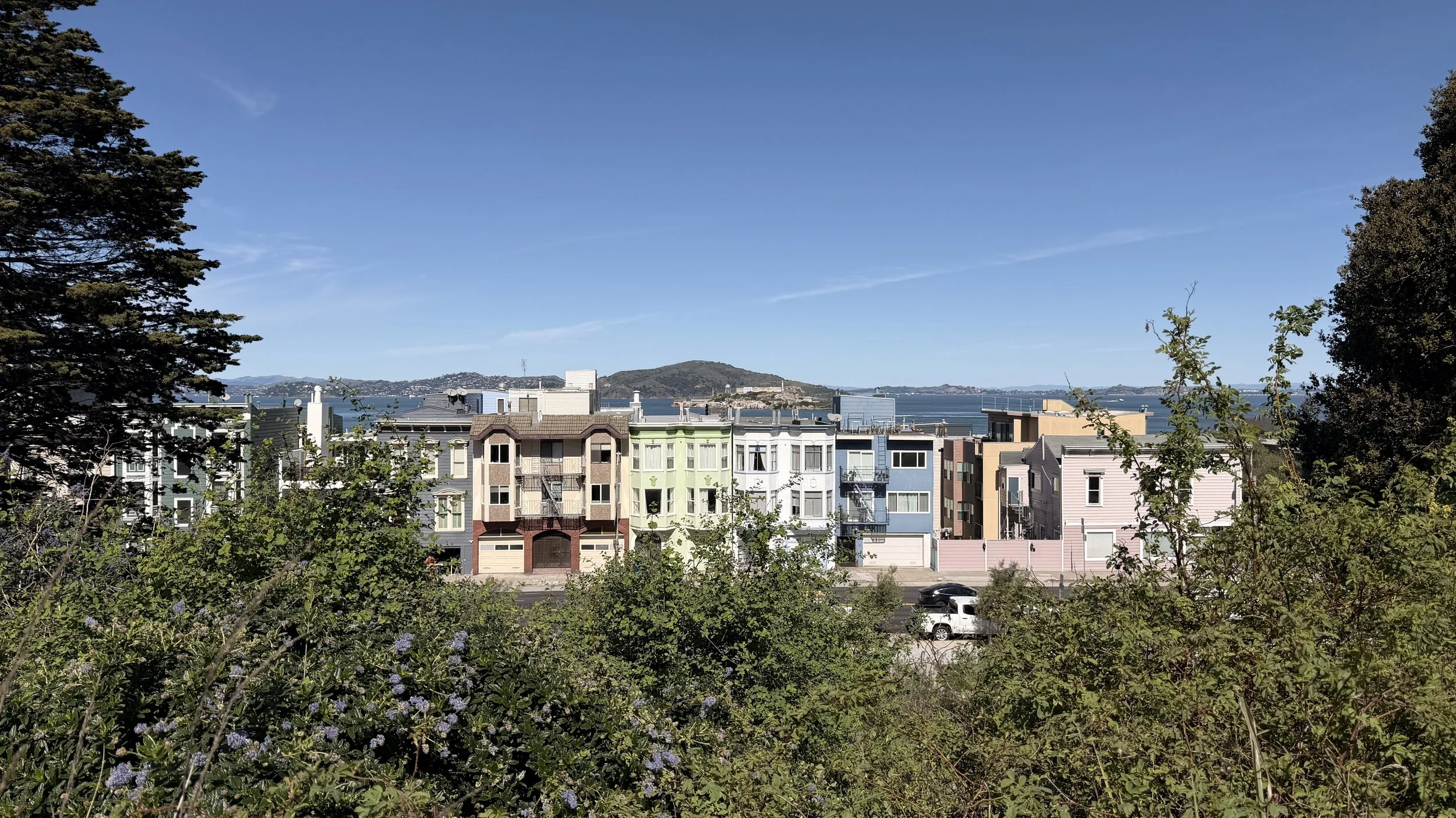 View of colorful residential buildings across a street with greenery in the foreground, and a body of water with hills and islands in the distance under a clear blue sky.