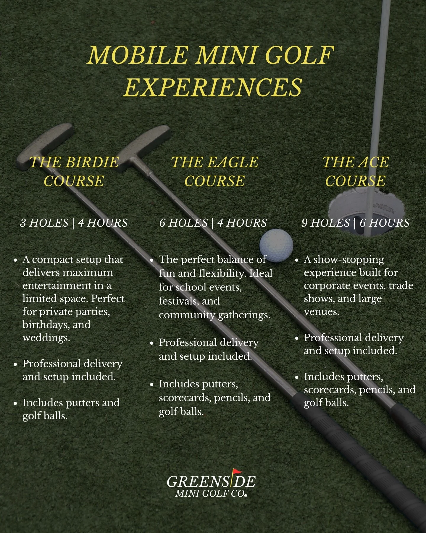 Wondering which package is right for your event? Relax - we&rsquo;ve got courses for nearly any space or occasion.

#minigolf #mobileminigolf #dmvweddings