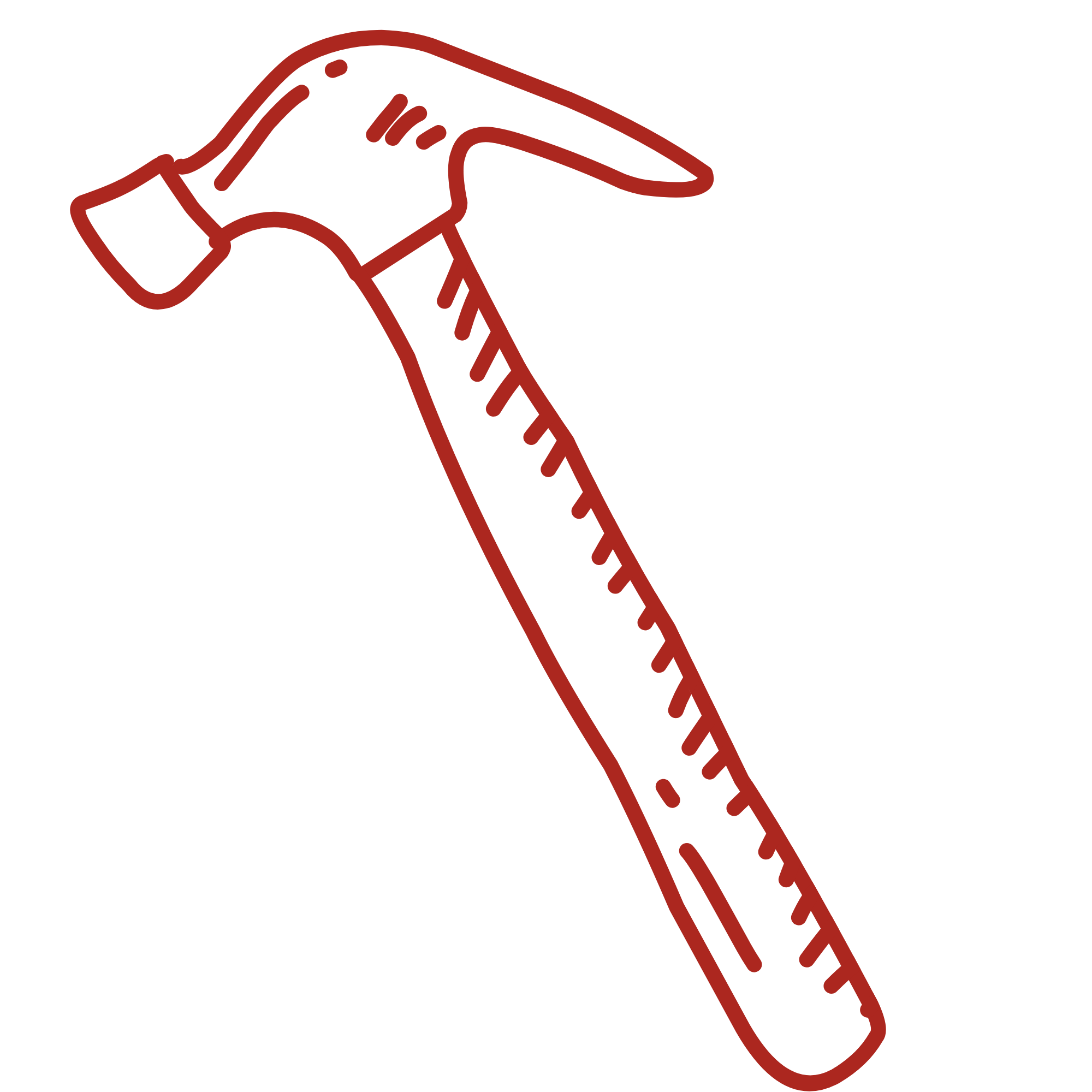 Outline drawing of a hammer with a wooden handle and metal head.
