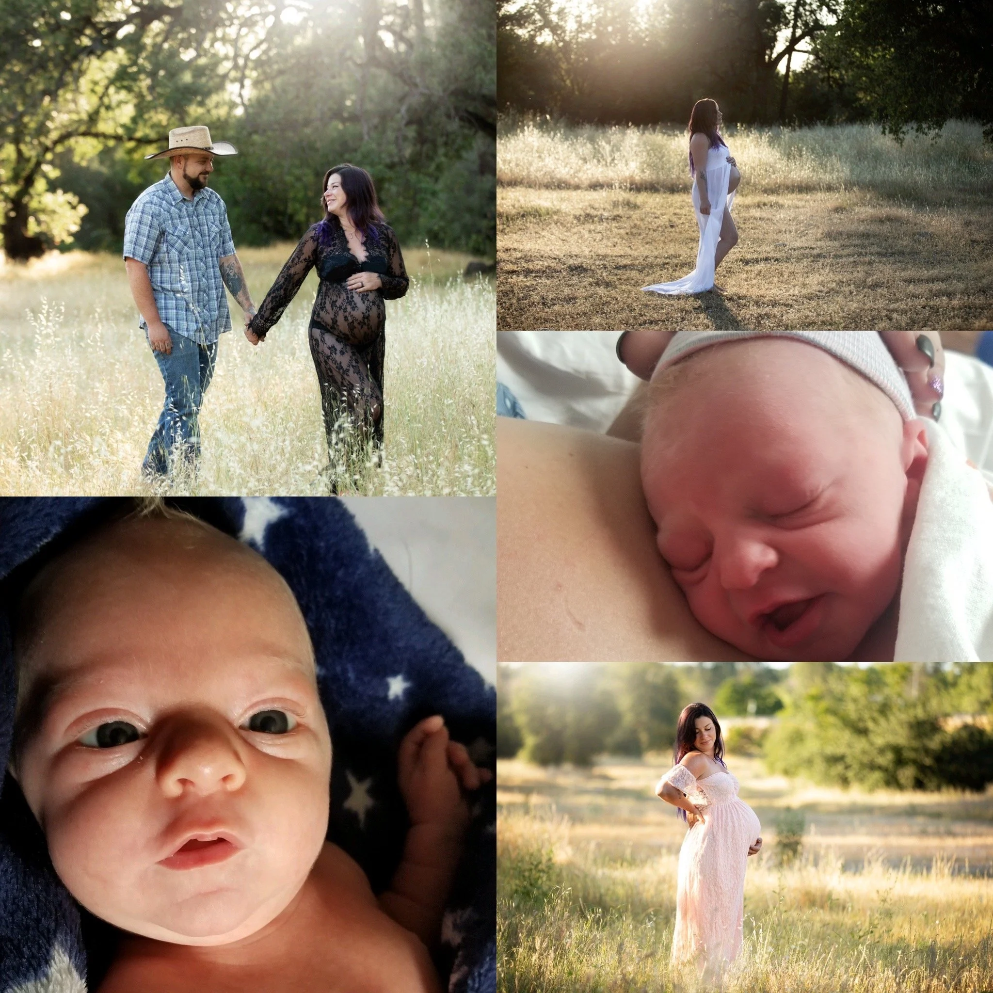 A collage of five photos showing a pregnant woman, her partner, and their newborn baby in outdoor settings during golden hour. The woman is shown holding her belly and smiling, the partner holding her hand, and both with serene expressions. The newbo