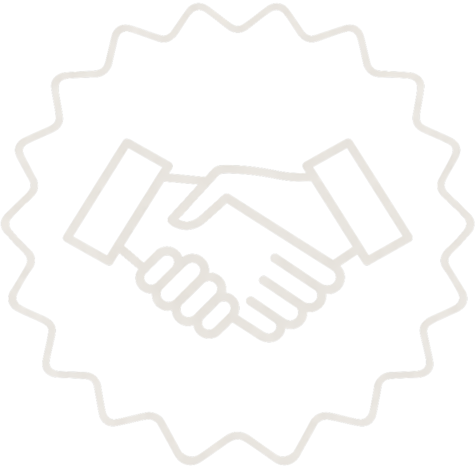 Outline of a handshake surrounded by a scalloped border, indicating an agreement or partnership.