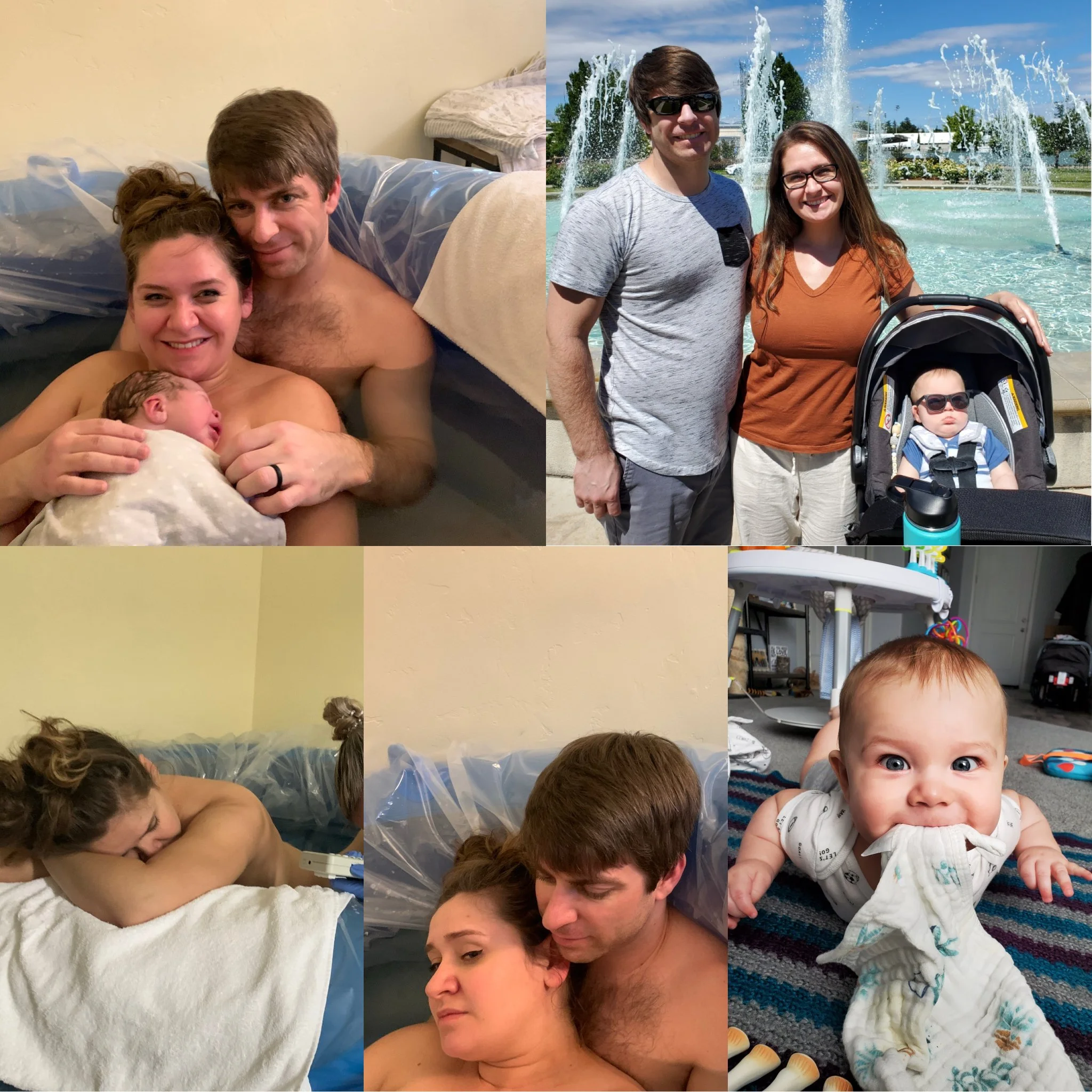 The collage features various moments of a family. The top left shows a family with a newborn baby, parents smiling at the camera, with the mother holding the baby. The top right depicts a man and woman outdoors in front of a fountain, with the woman 