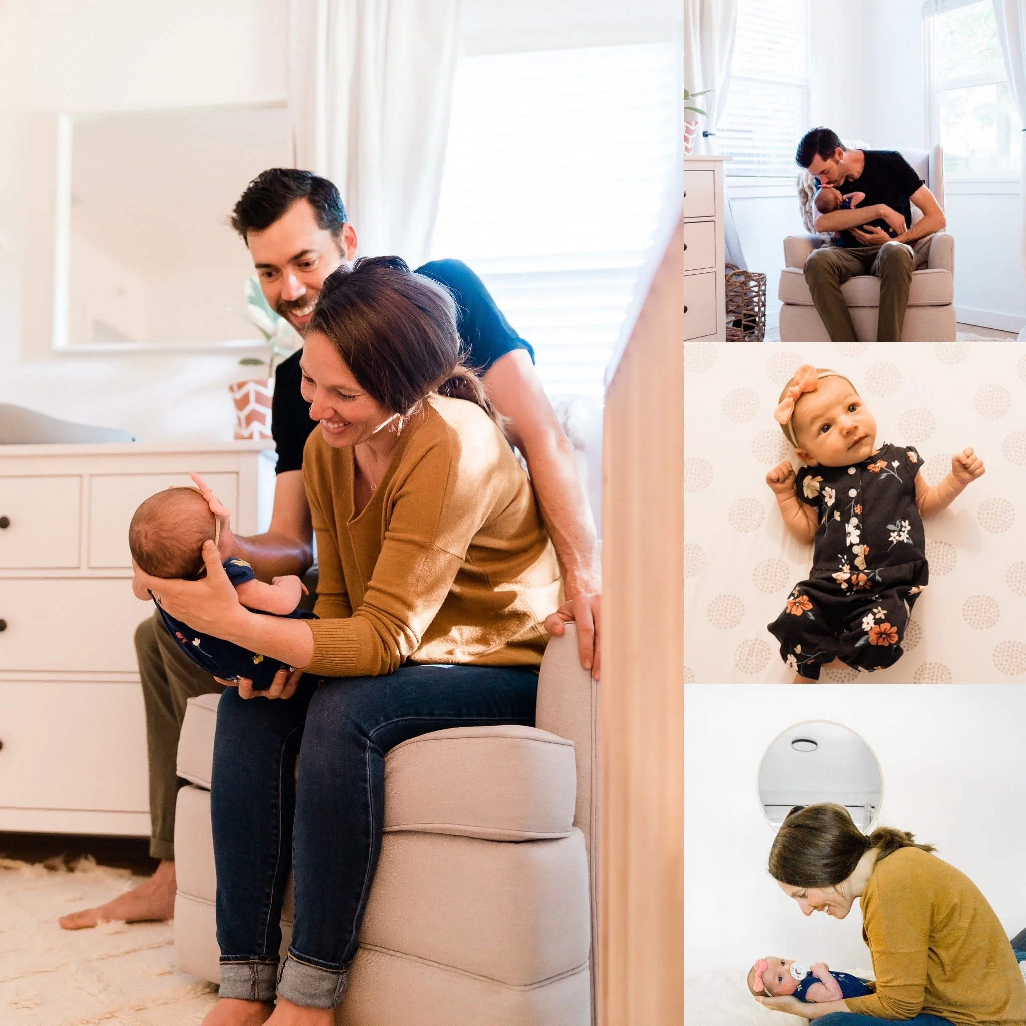 Family young woman, man, and baby girl in a cozy home, smiling and interacting with each other.
