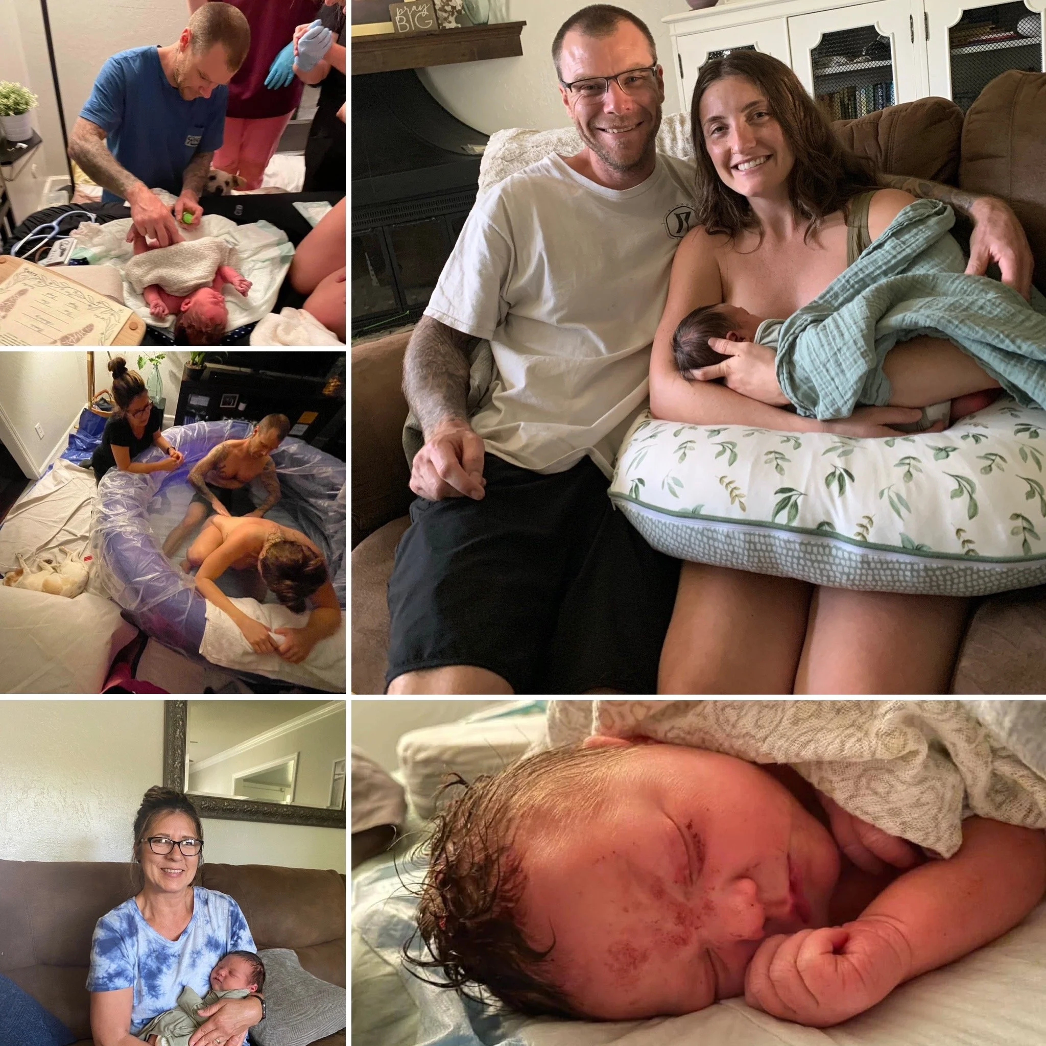 A collage of five images capturing the moments of a home birth. The top left shows a man in a blue shirt attending to a newborn baby lying on a blanket. The bottom left features a woman holding a newborn baby while sitting on a couch, smiling. The to