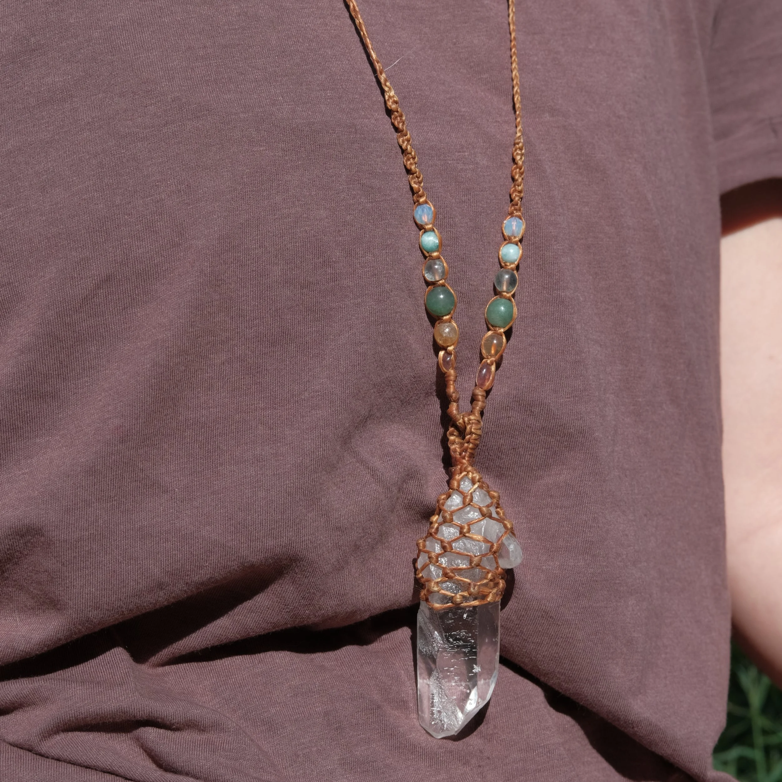 Large Clear Quartz & Mixed Crystal Beads Macrame Necklace