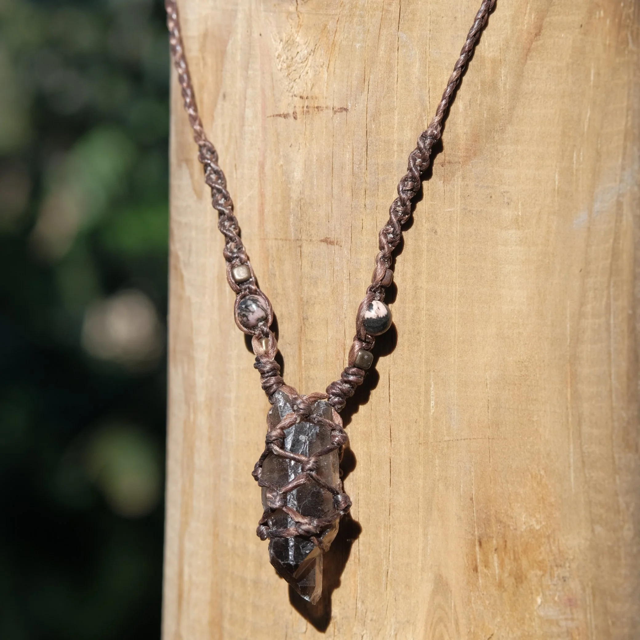 Smoky Quartz, Rhodonite & Brass Macrame Necklace
