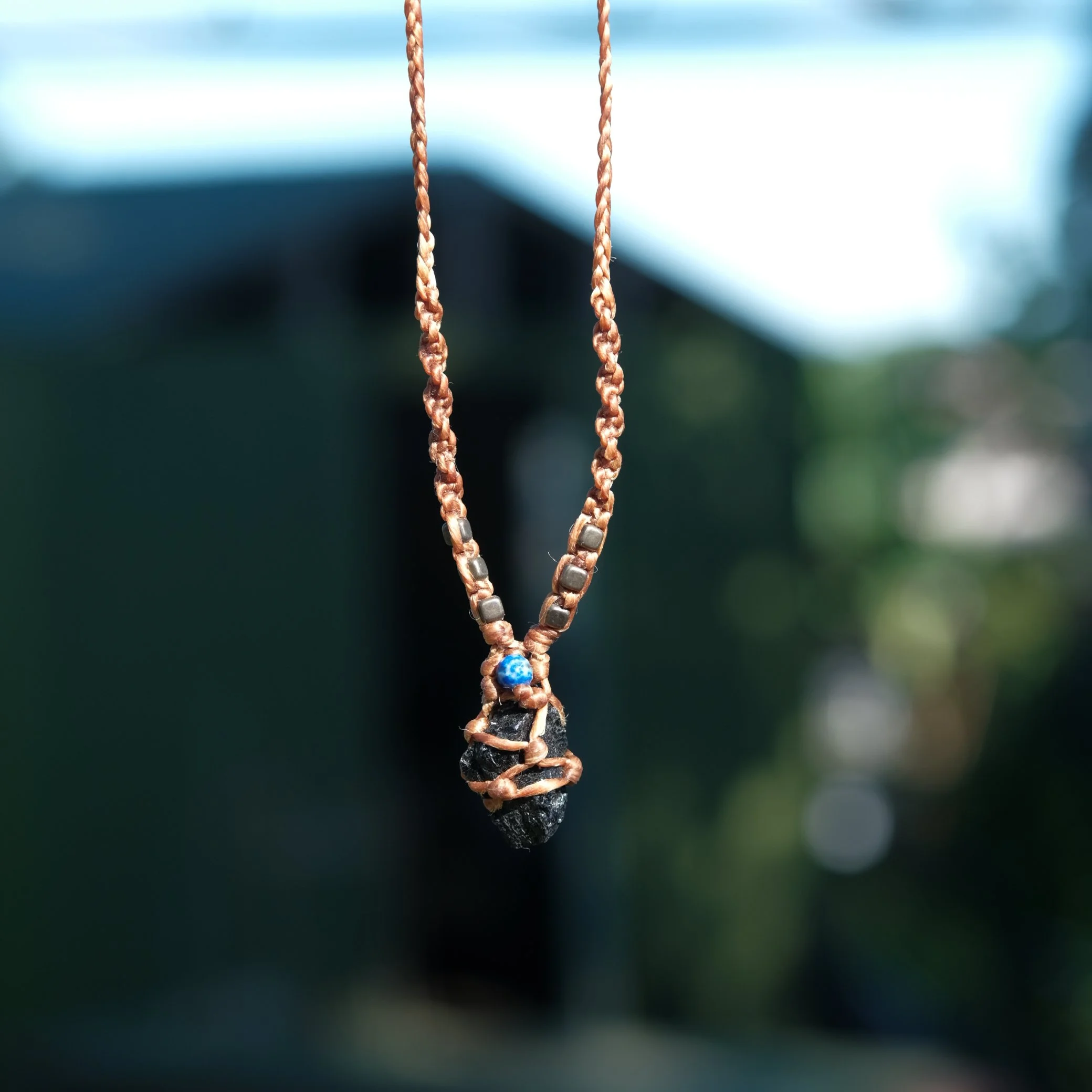 Black Tourmaline, Brass & Lapis Lazuli Macrame Necklace