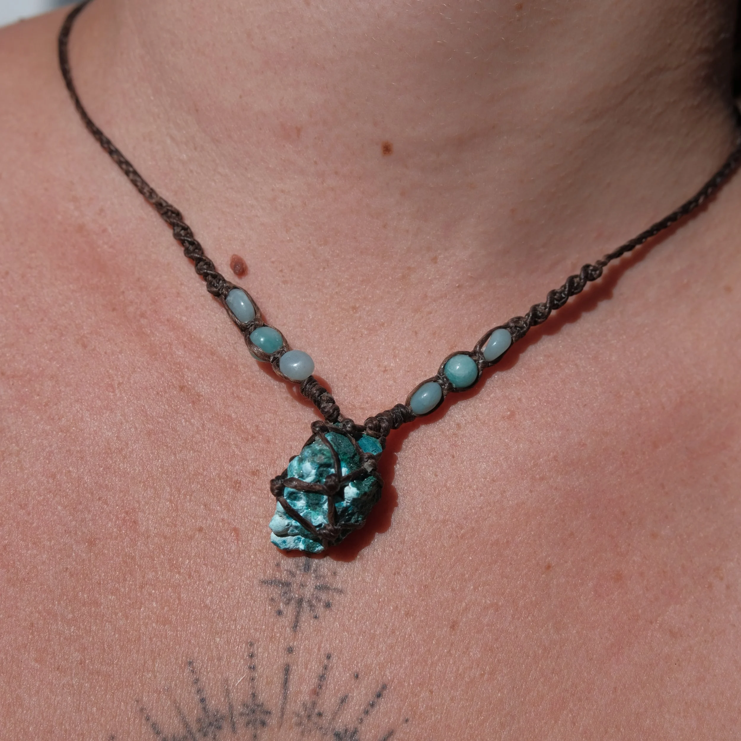 Chrysocolla & Amazonite Crystal Macrame Necklace