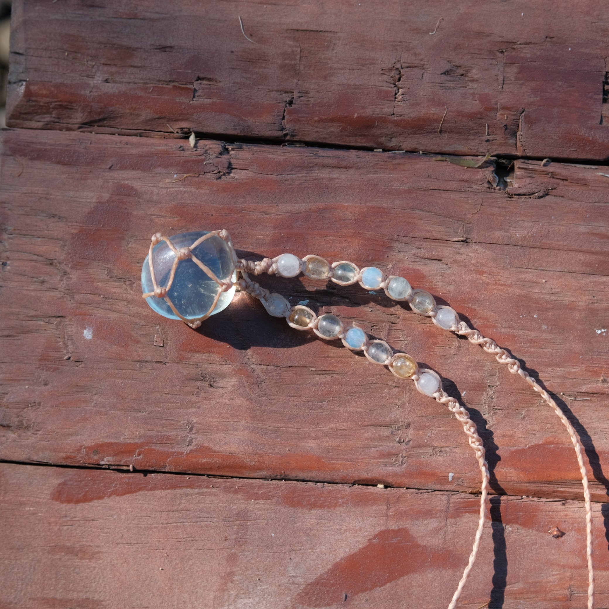 Opalite, Citrine, Fluorite & Rose Quartz Crystal Macrame Necklace