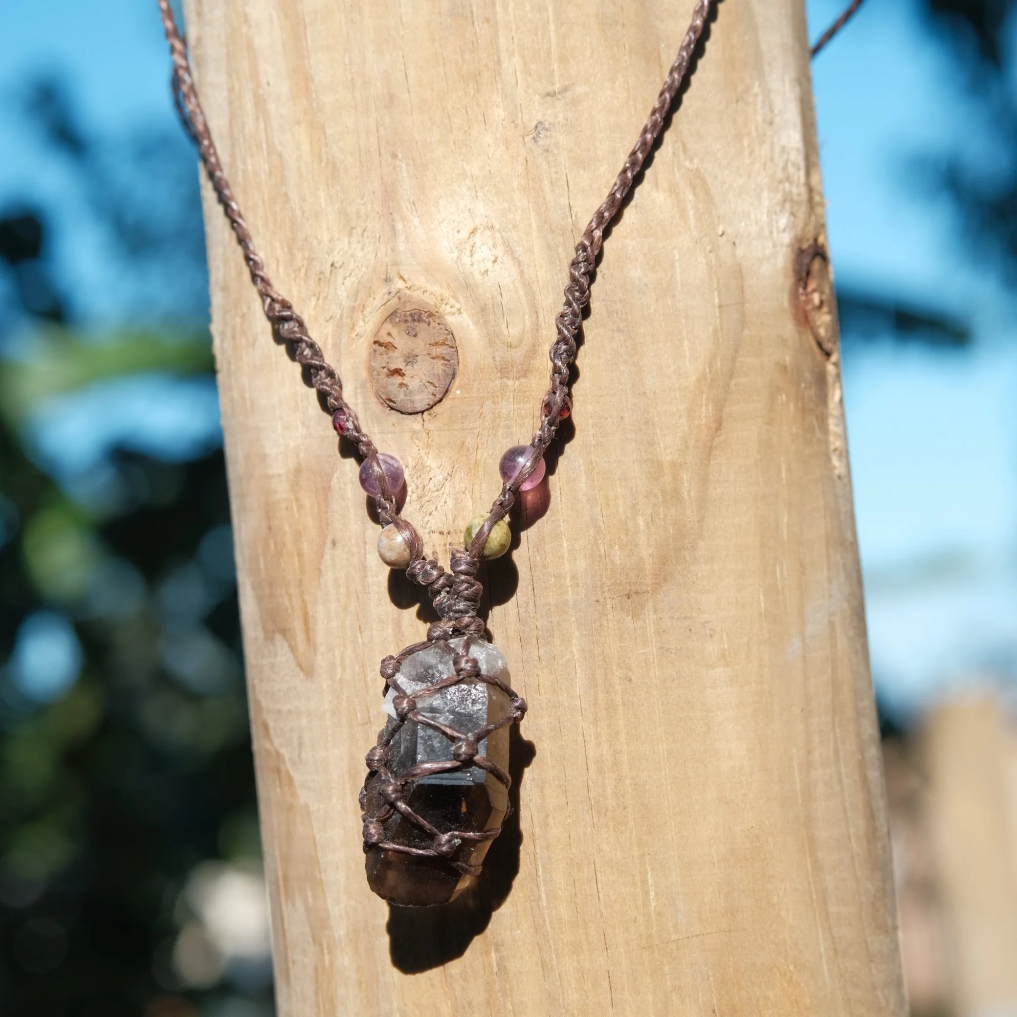Smoky Quartz, Purple Fluorite & Unakite Crystal Macrame Necklace