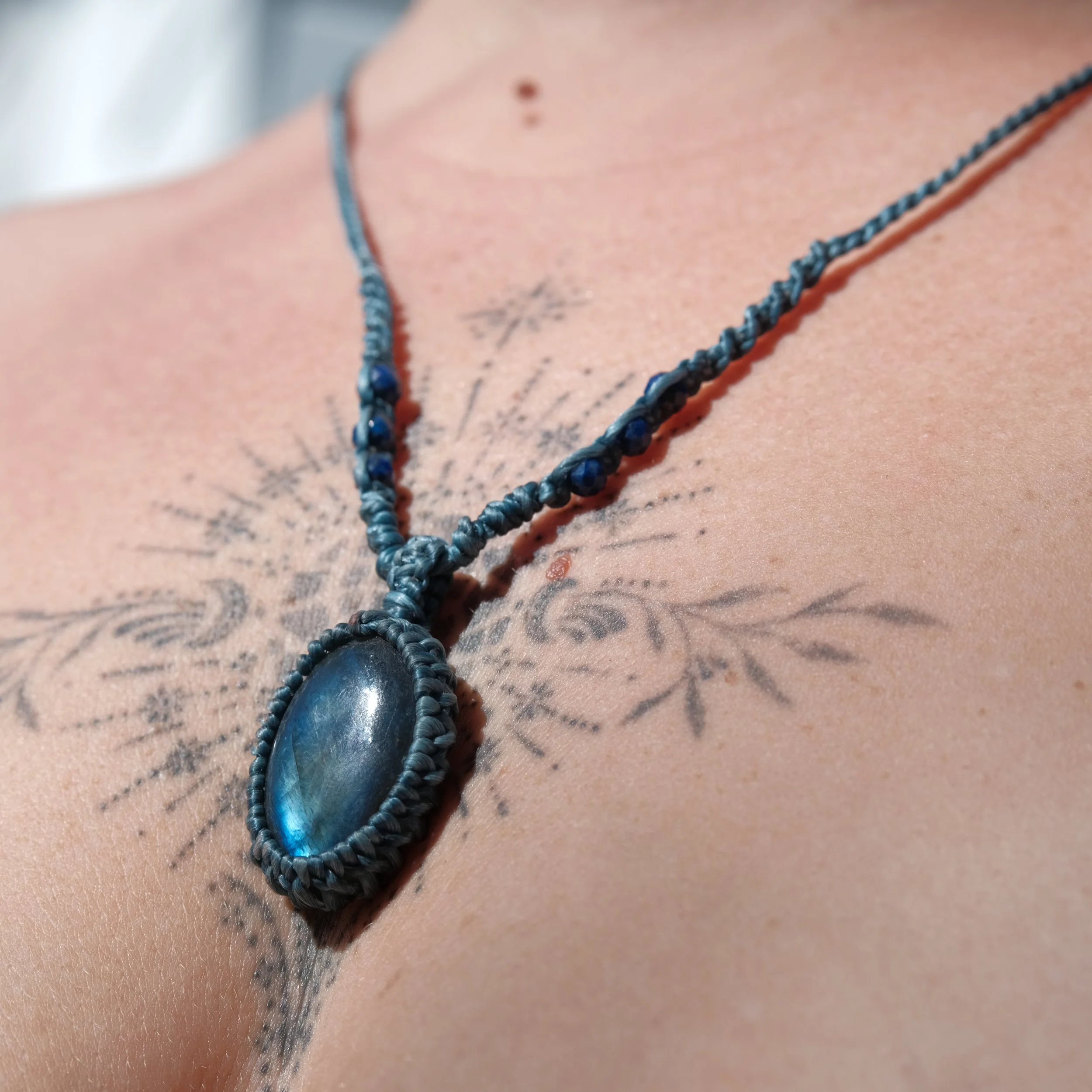 Labradorite and Lapis Lazuli Crystal Macrame Necklace