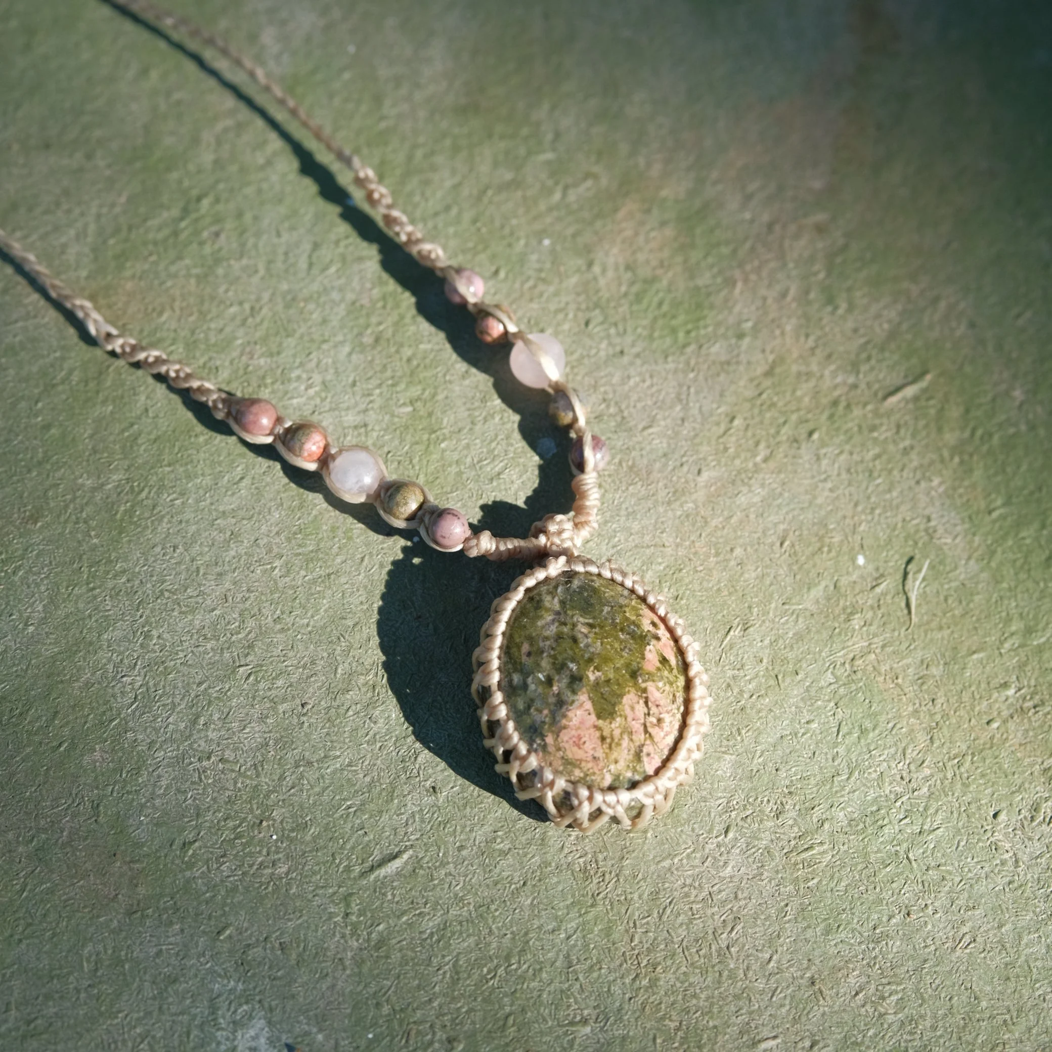 Unakite & Rose Quartz Beaded Macrame Necklace