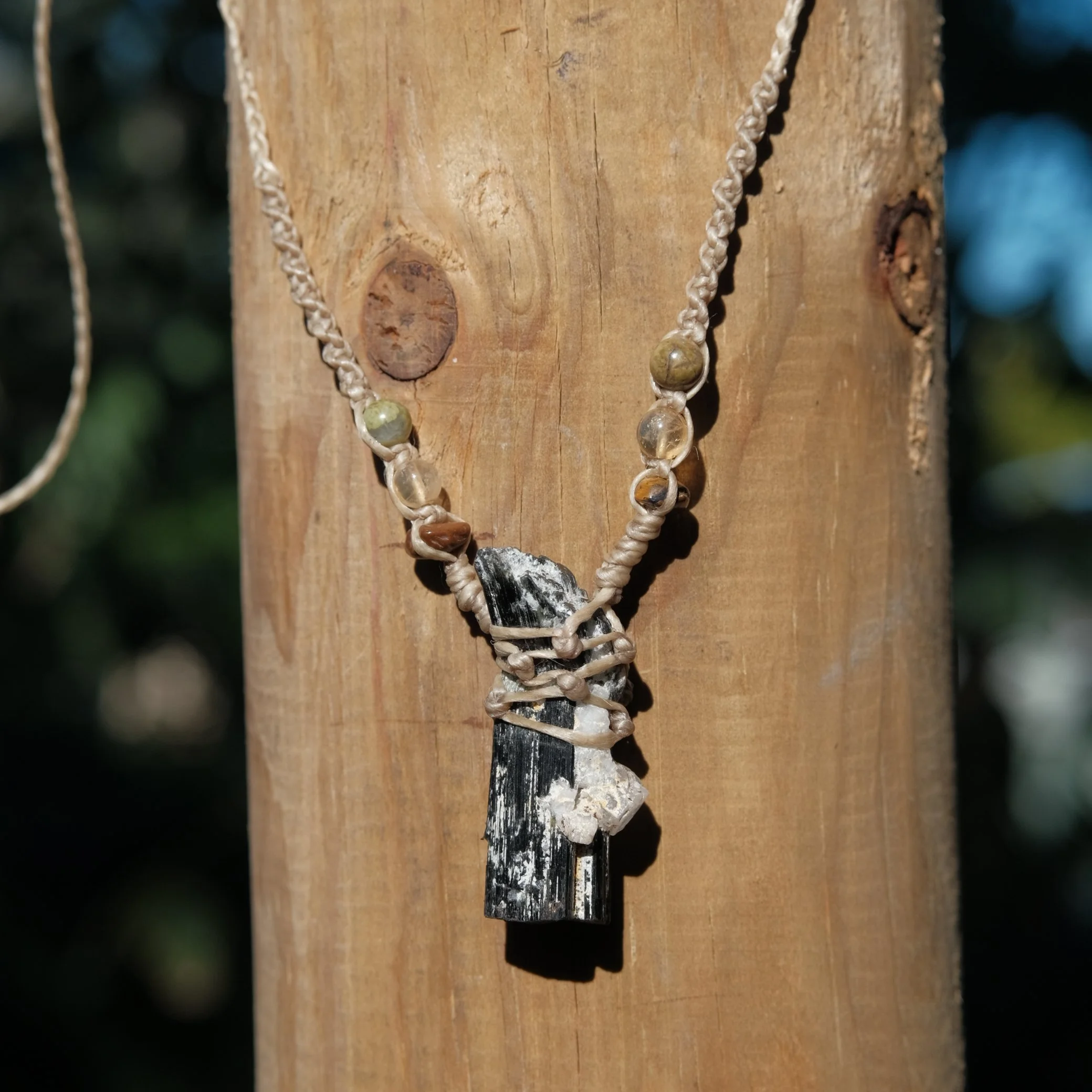 Black Tourmaline, Citrine, Unakite & Tiger’s Eye Macrame Necklace