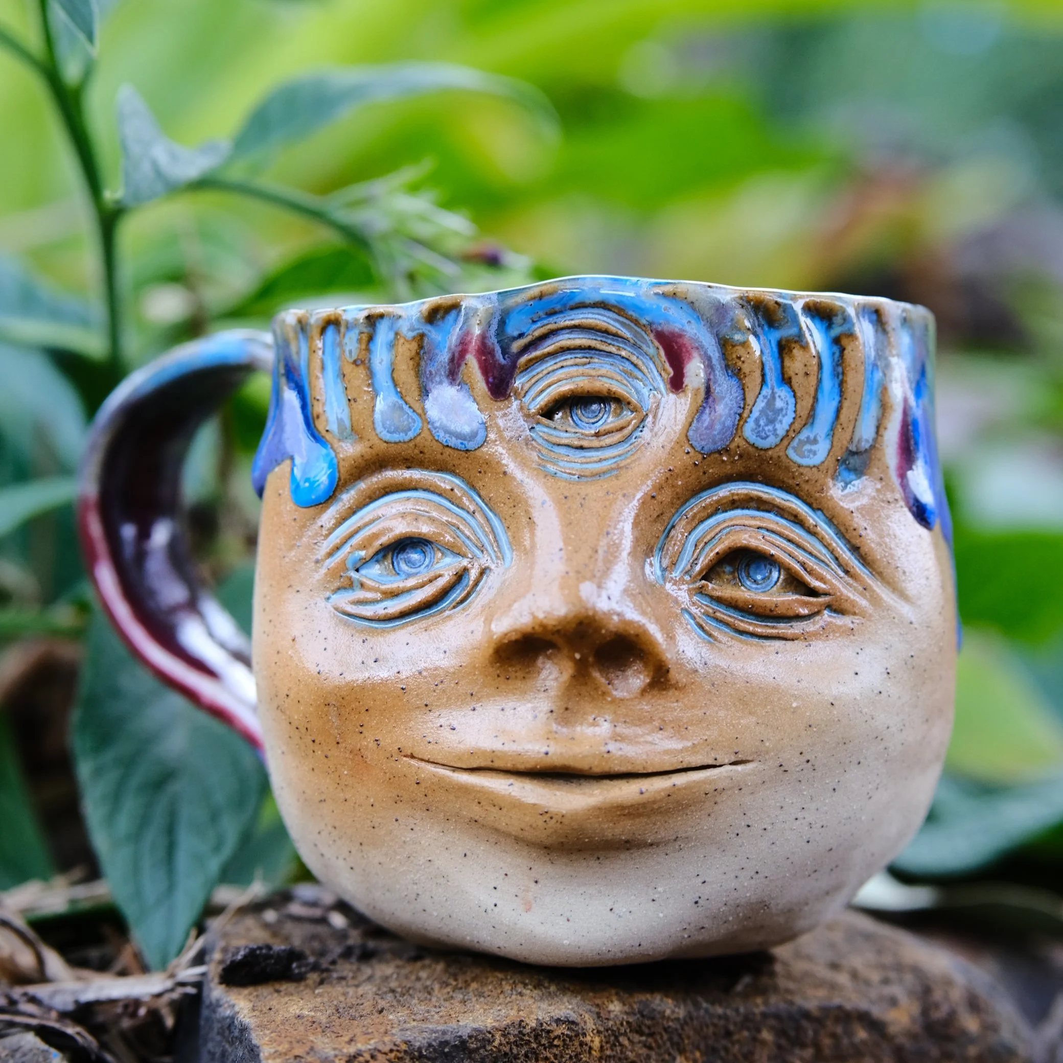 handmade ceramic third eye mug with face design spiritual pottery australia